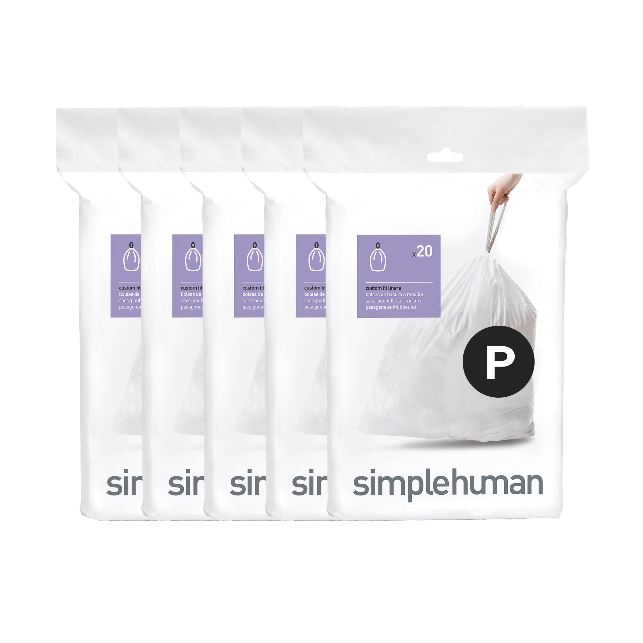 simplehuman Code P 100 Liners, 50% Recycled Custom Fit Bin Bags in Dispenser Packs with Durable Drawstring Tie Handle, 50-60L, White