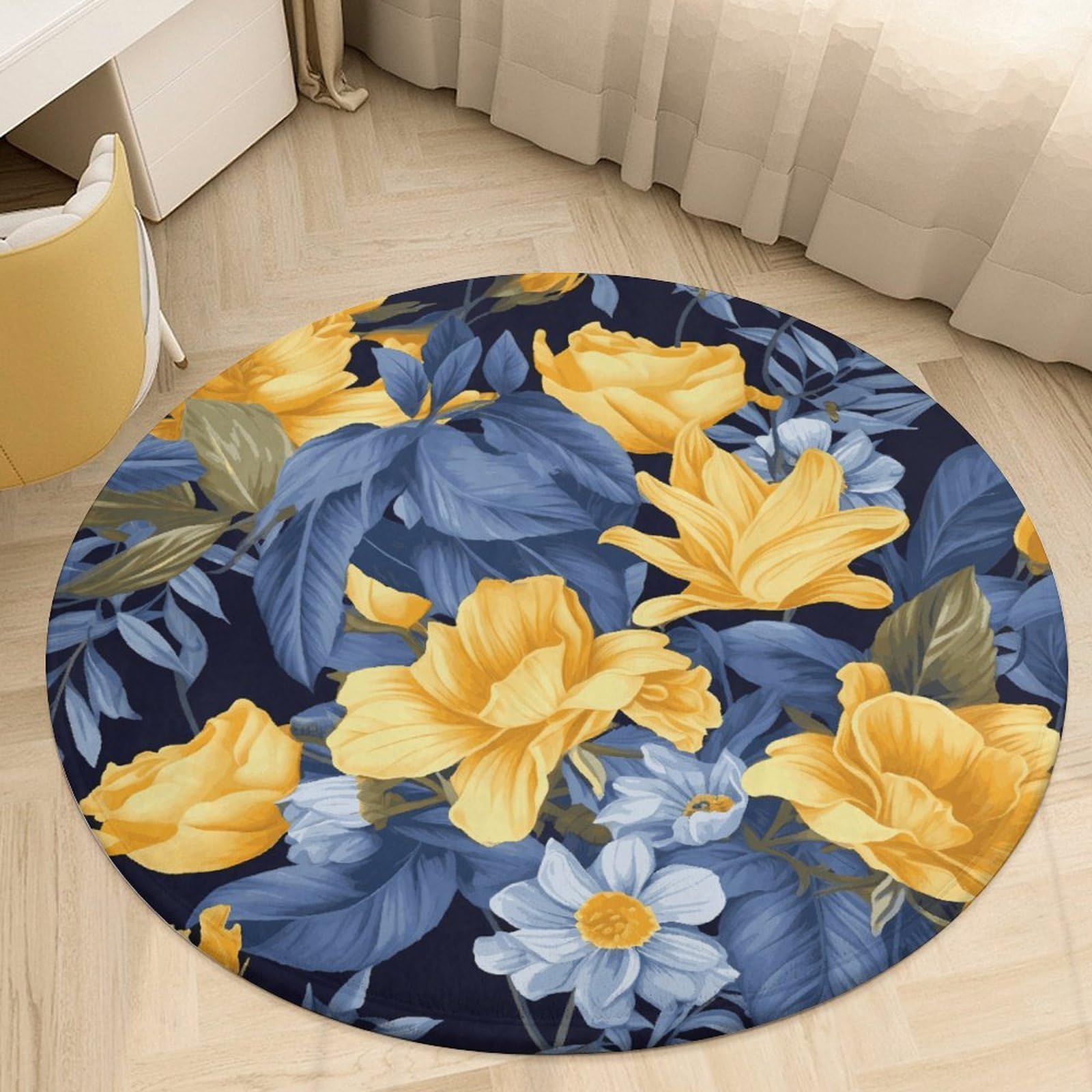 Tapis de sol lavable rond base bleue motif floral jaune 90 x 90 cm pour décoration de sol
