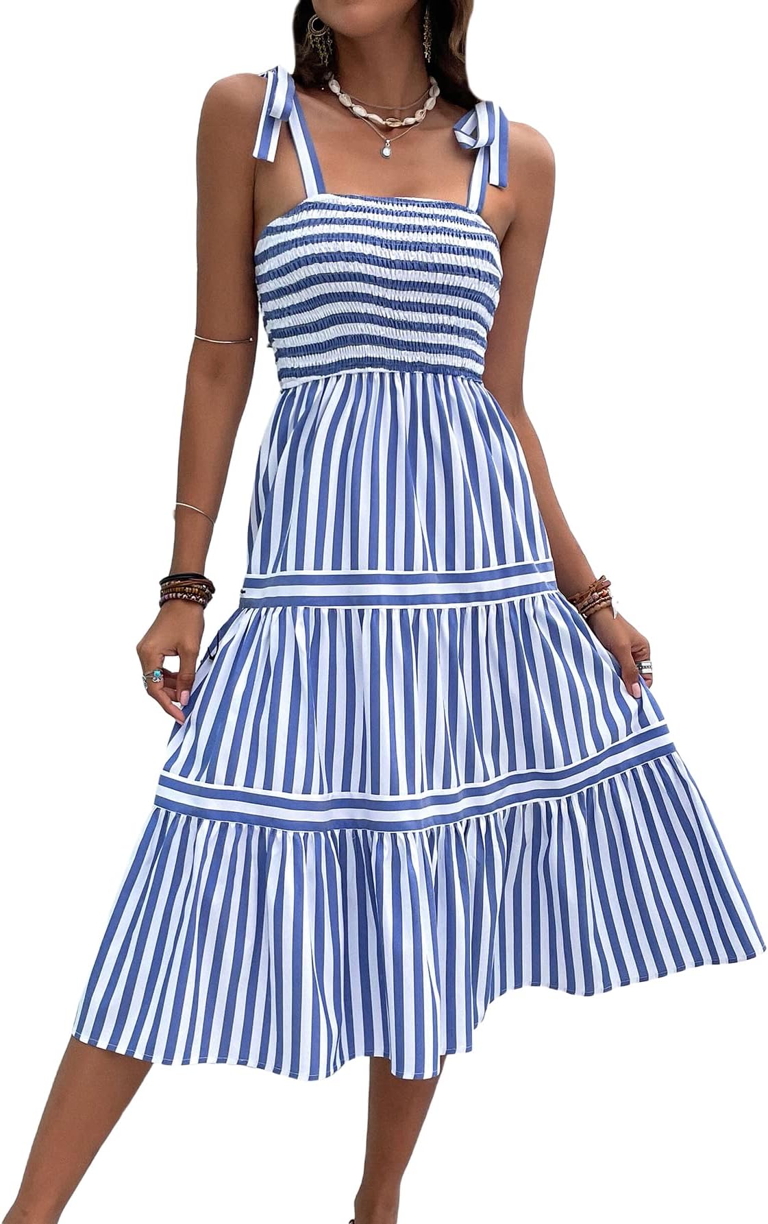 MakeMeChic Women's Summer Floral Dresses 2025 Beach Vacation Casual Blue and White Long Maxi Sundresses White Blue Striped L