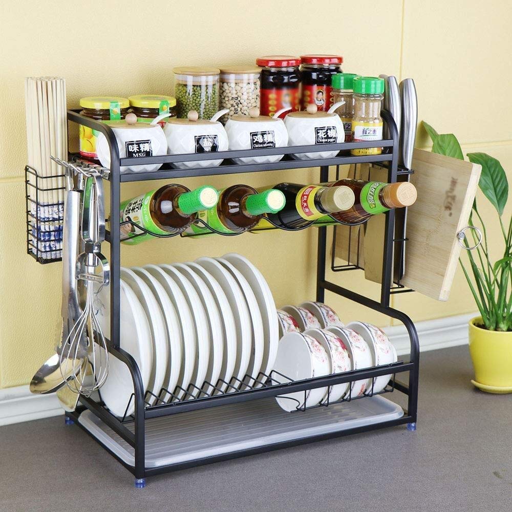 HADECOLL Shelf,Kitchen Racks Dish Drain Rack Multifunction Shelf Spice Rack Chopsticks Plate Cup Tableware Storage Rack Drain Basket Drying Rack,Silver,Black