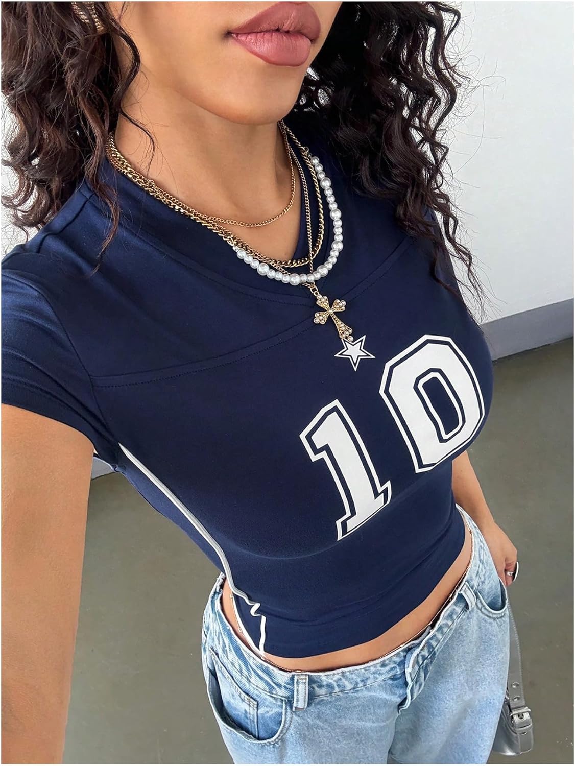 Women's Y2K Sporty Jersey Shirts V Neck Cap Sleeve Tight Crop Tops Street Graphic Tees - Image 3