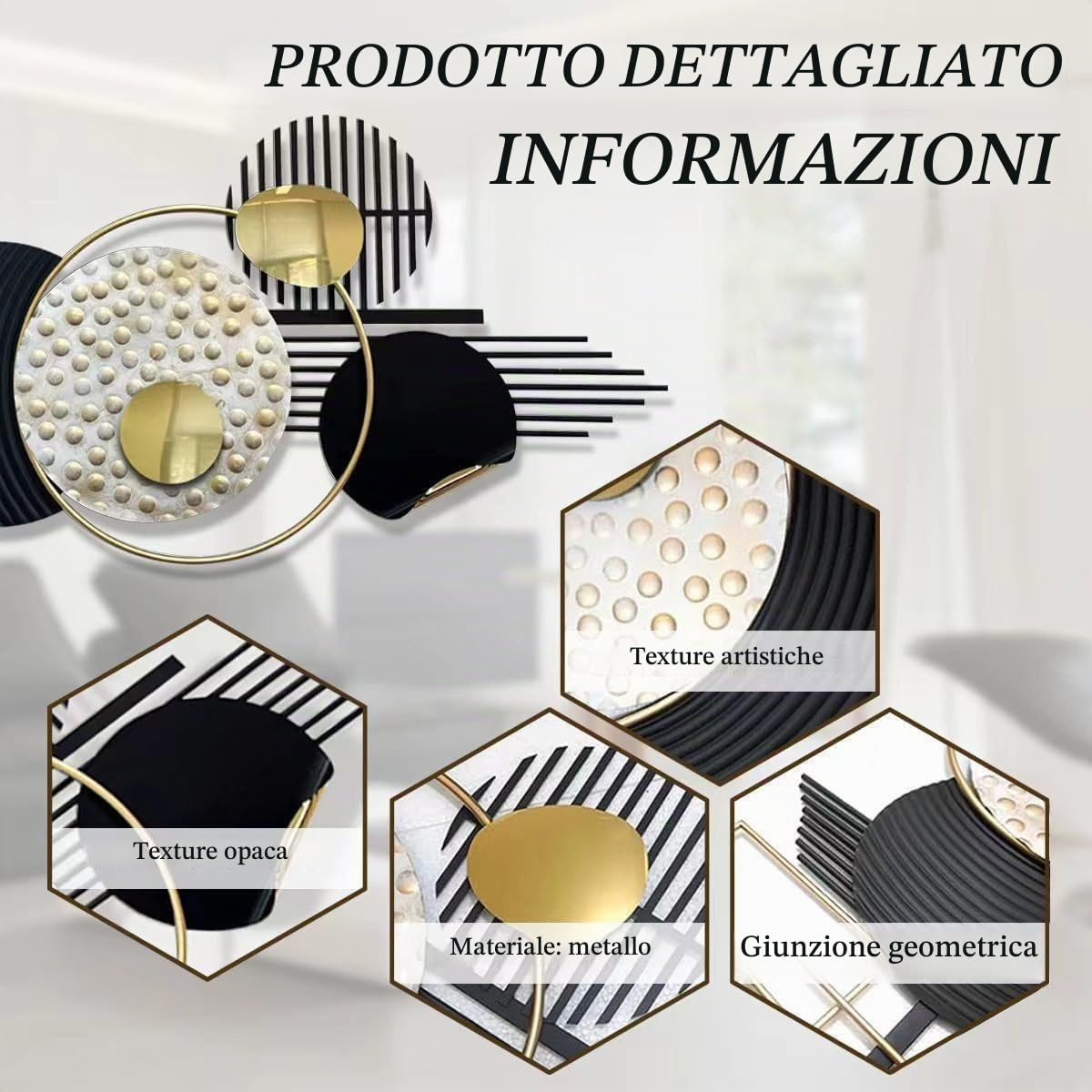 Decorazione da parete in metallo, decorazione da parete in nero e oro, sculture geometriche astratte 3D da appendere alla parete, moderna decorazione da parete in metallo di lusso, for soggiorno