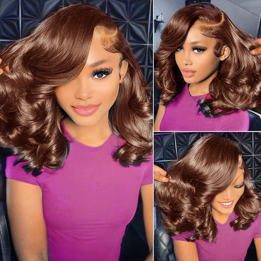 Haarpflege 250% Dichte Schokoladenbraun Kurze Lockere Wellen-Bob-Perücke 13 X 4 Spitzenfront-Perücken 100% Echthaar Für Frauen(180 Density,10inches)