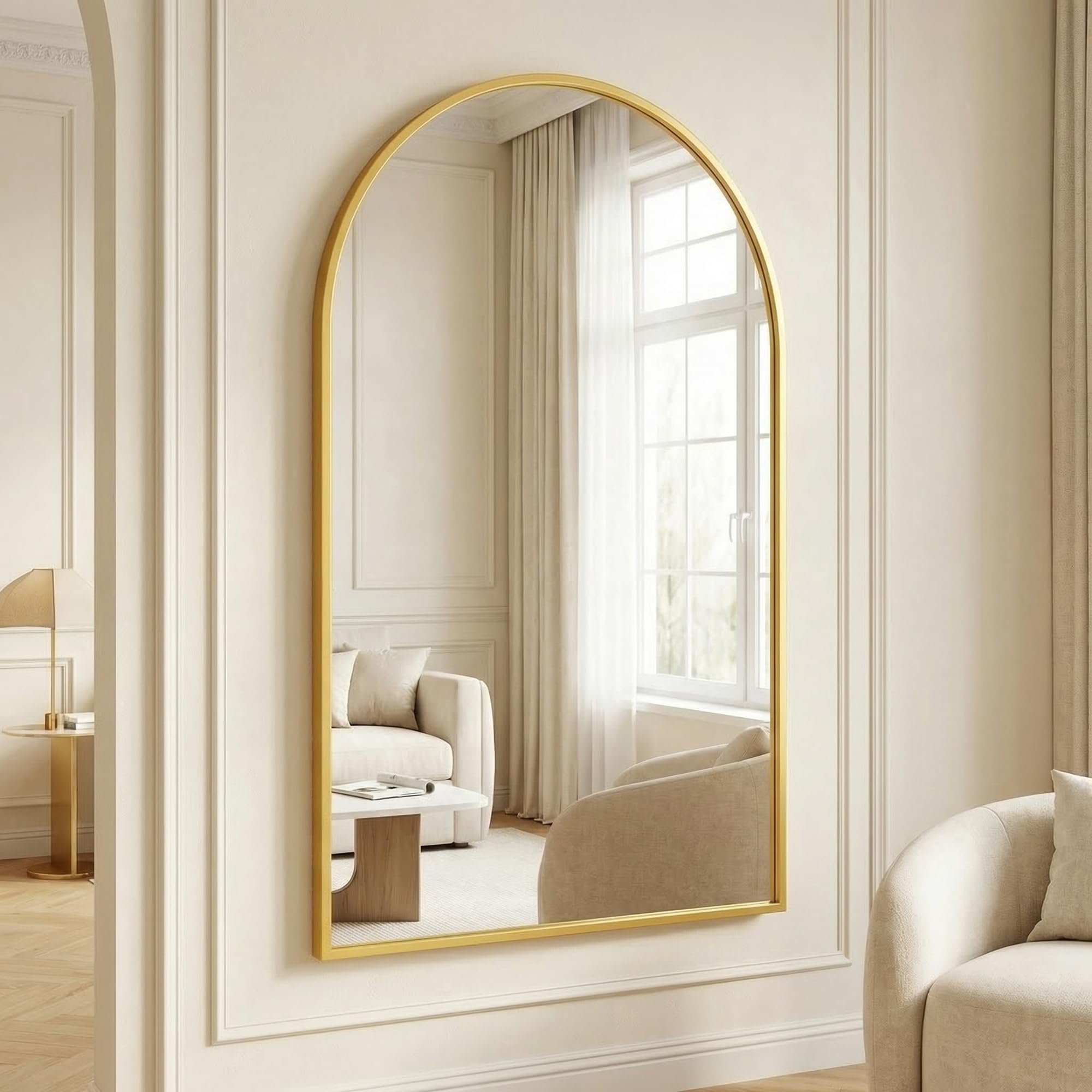 BEAUTYPEAK Espejo de pared con arco dorado, 120 x 80 cm, marco de aleación de aluminio irrompible, se puede colgar o montar en la pared, espejo de pie para dormitorio, baño y aseo
