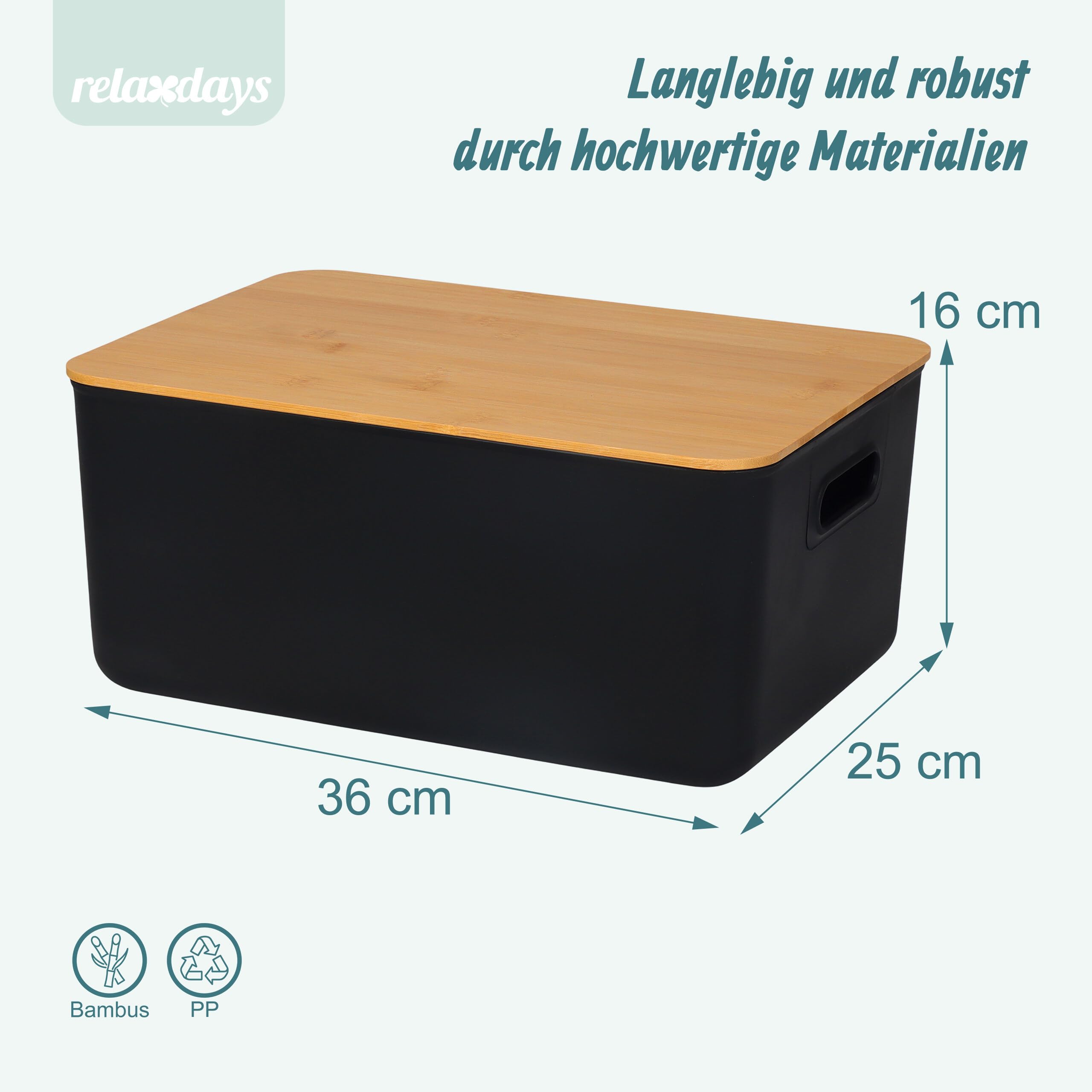 Relaxdays Aufbewahrungsbox, 2er Set, mit Deckel, Kunststoff & Bambus, mit Griffen, Organizer, HBT: 16x36x25 cm, schwarz - 5
