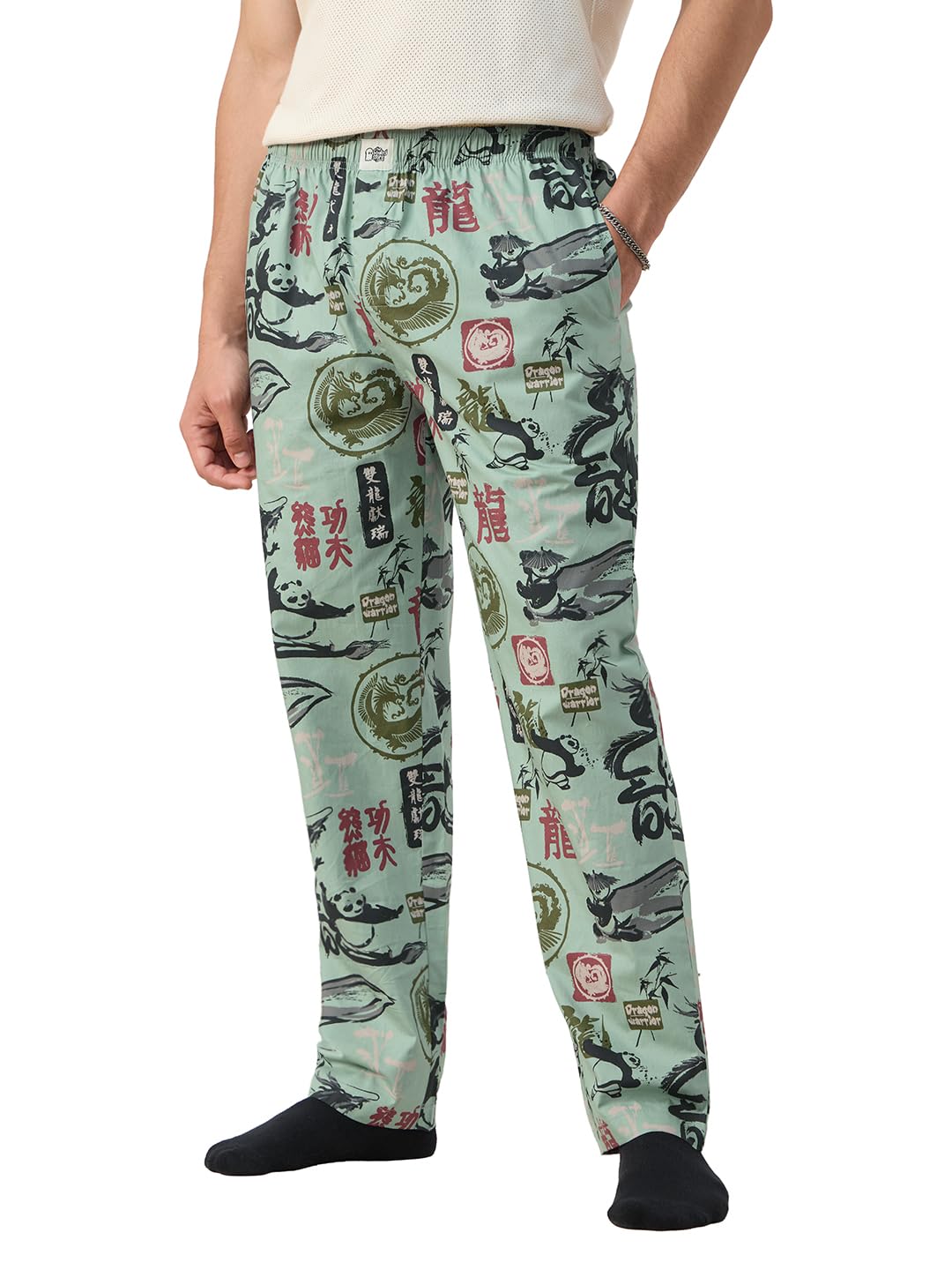 Kung Fu Panda: Warrior Men and Boys Elastic Waistband Green All Over Printed Cotton Regular Fit Lightweight All-Season Lounge Pyjamas-image-14