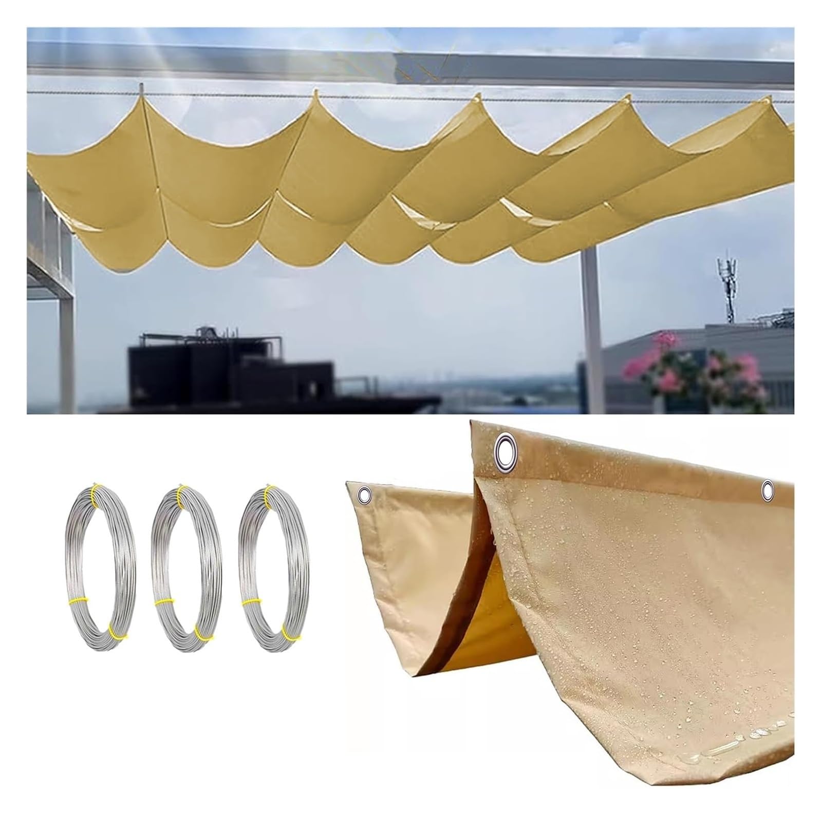 Voile d'ombrage rétractable ondulée imperméable 2.7x8m avec kit de montage