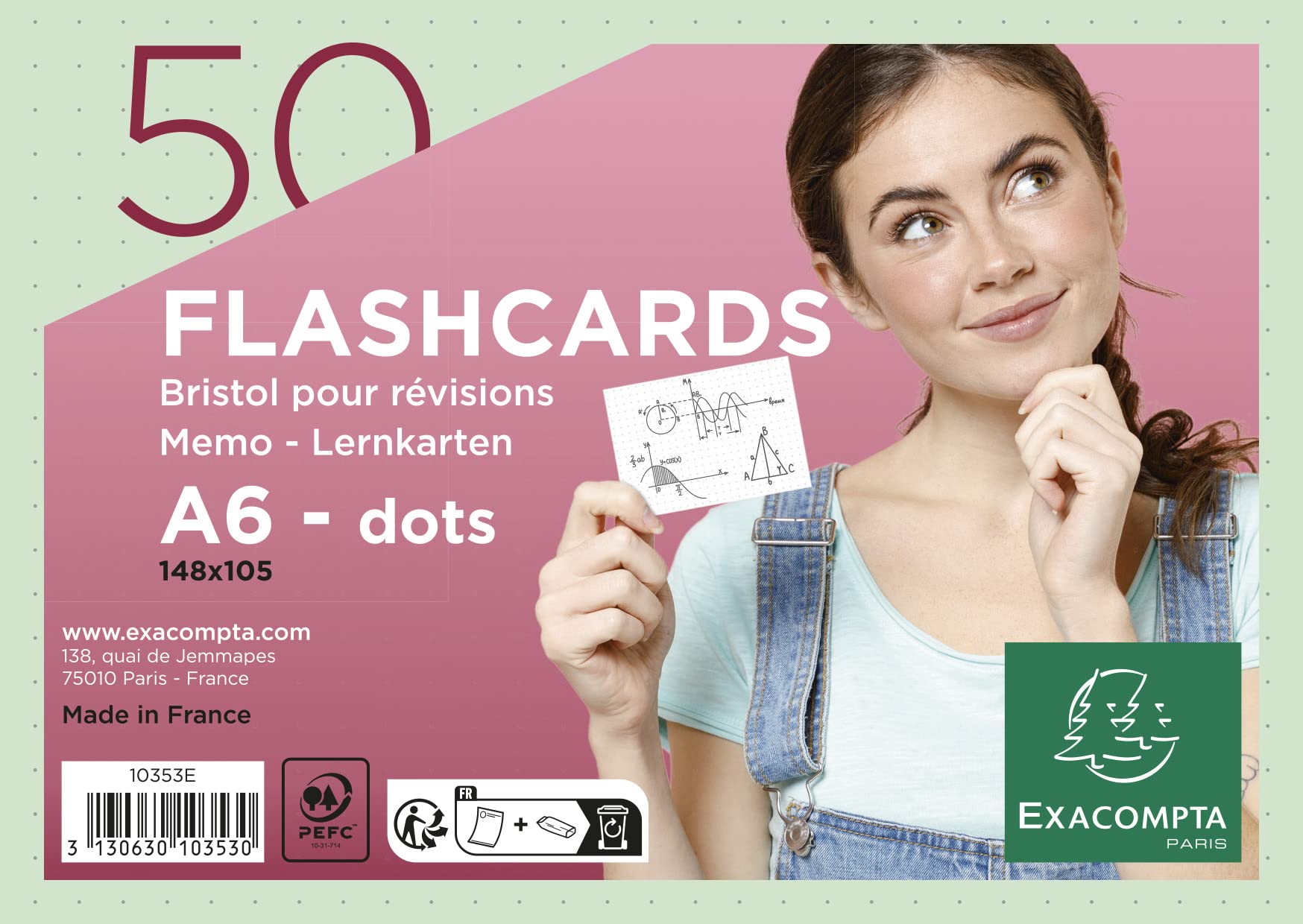 Exacompta 10353E - 50 flashcards bristol A6 green dots
