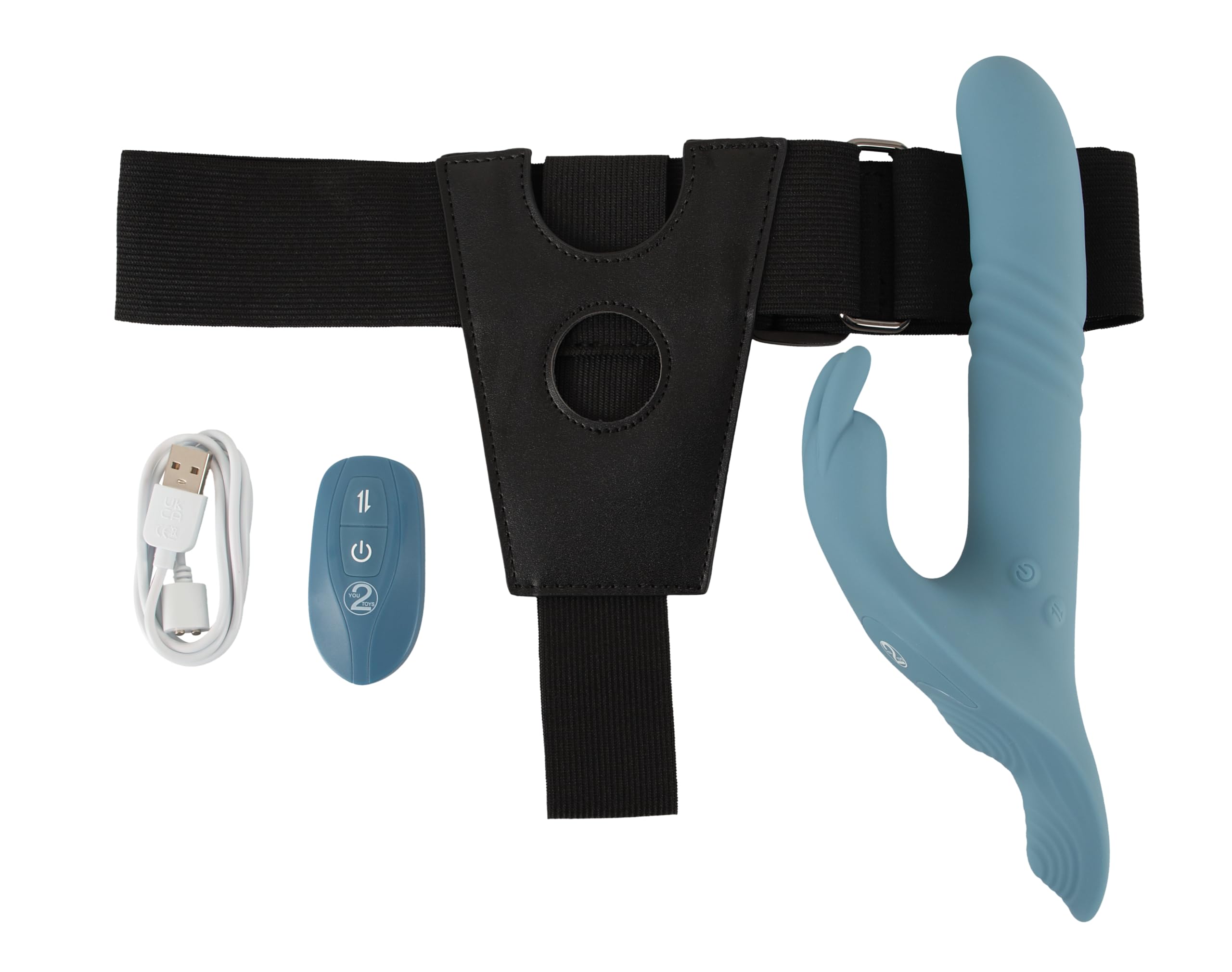 You2Toys Strap-On Set per coppie: stringa/imbracatura regolabile + vibratore Rabbit Shock con 3 motori silenziosi, 7 modalità, auto shock, telecomando 8 m, USB, silicone, coniglietto, ricaricabile