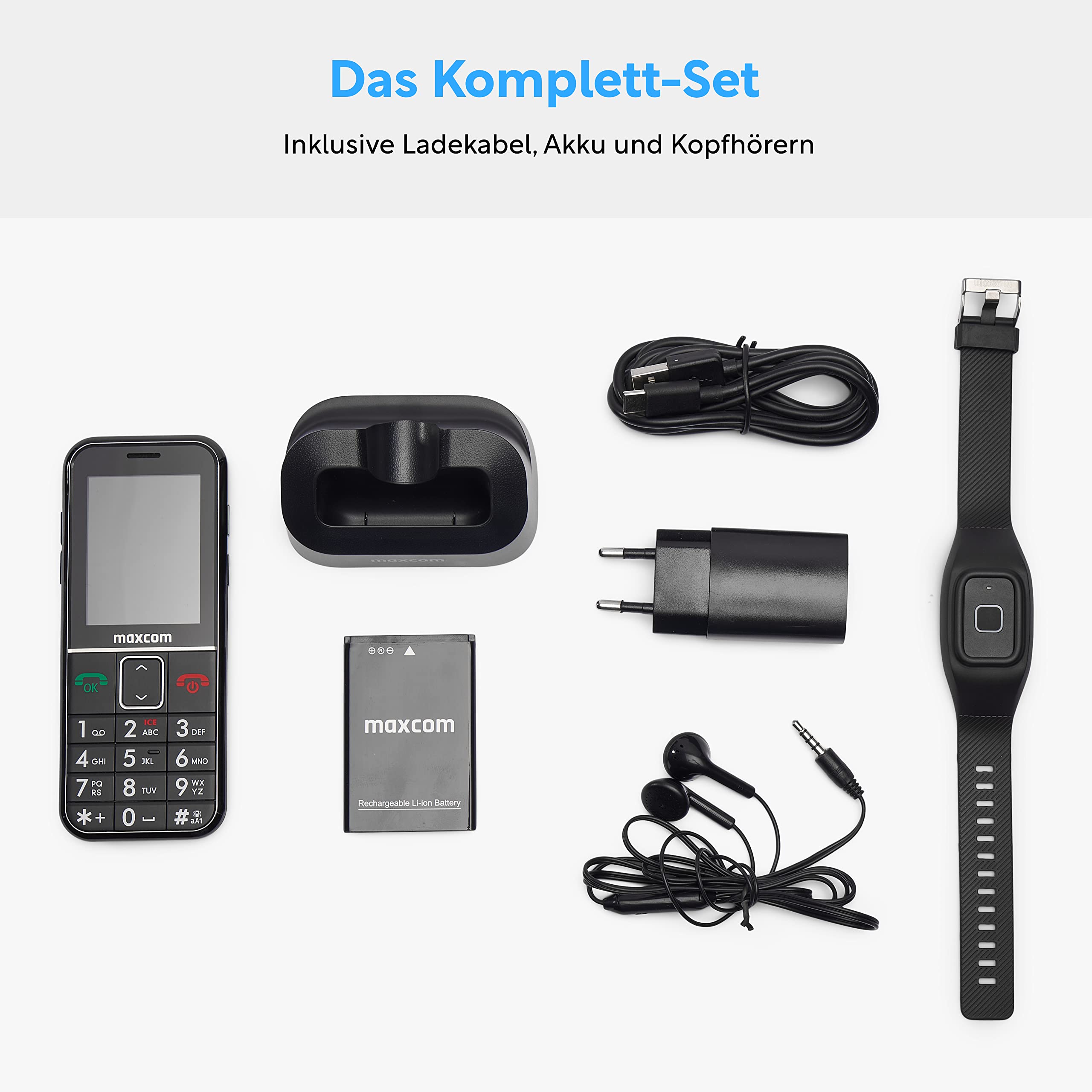 MaxCom MM735BB: Seniorenhandy mit wasserdichtem Notrufarmband und GPS Ortung ohne Vertrag, Hausnotruf Handy für Senioren, Helpline Firmware