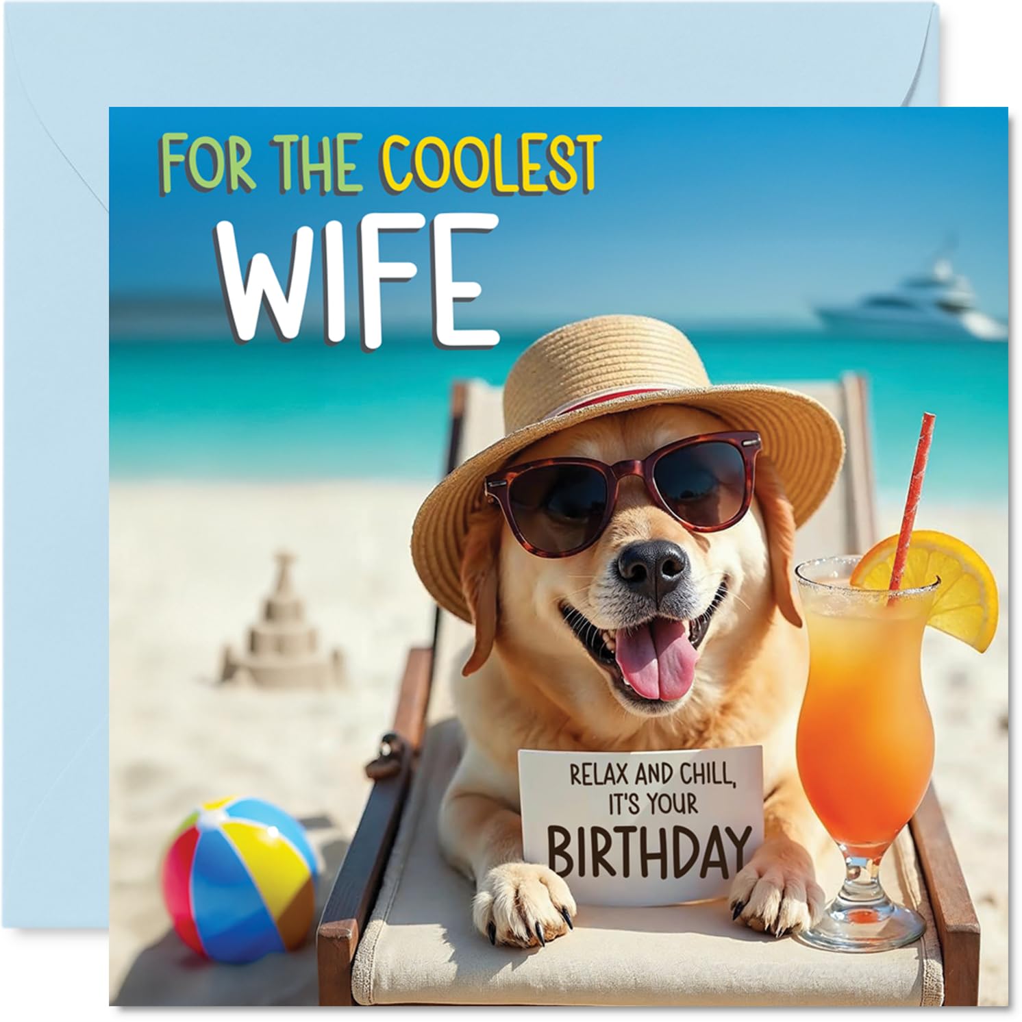 Wife Birthday Card - Chill Beach Dog - Happy Birthday Card for Wife from Husband Partner, 145mm Chill Beach Dog Bday Greeting Cards