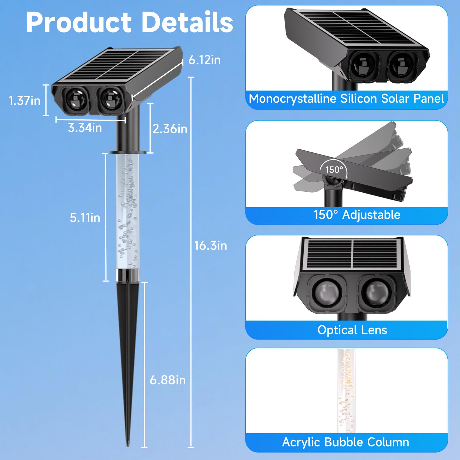 Foco solar RGB: 2 en 1 luces solares para exteriores con 8 modos de iluminación y columna guía de luz de PC para árbol, jardín, patio, camino, luces de paisaje que cambian de color RGB | IP65