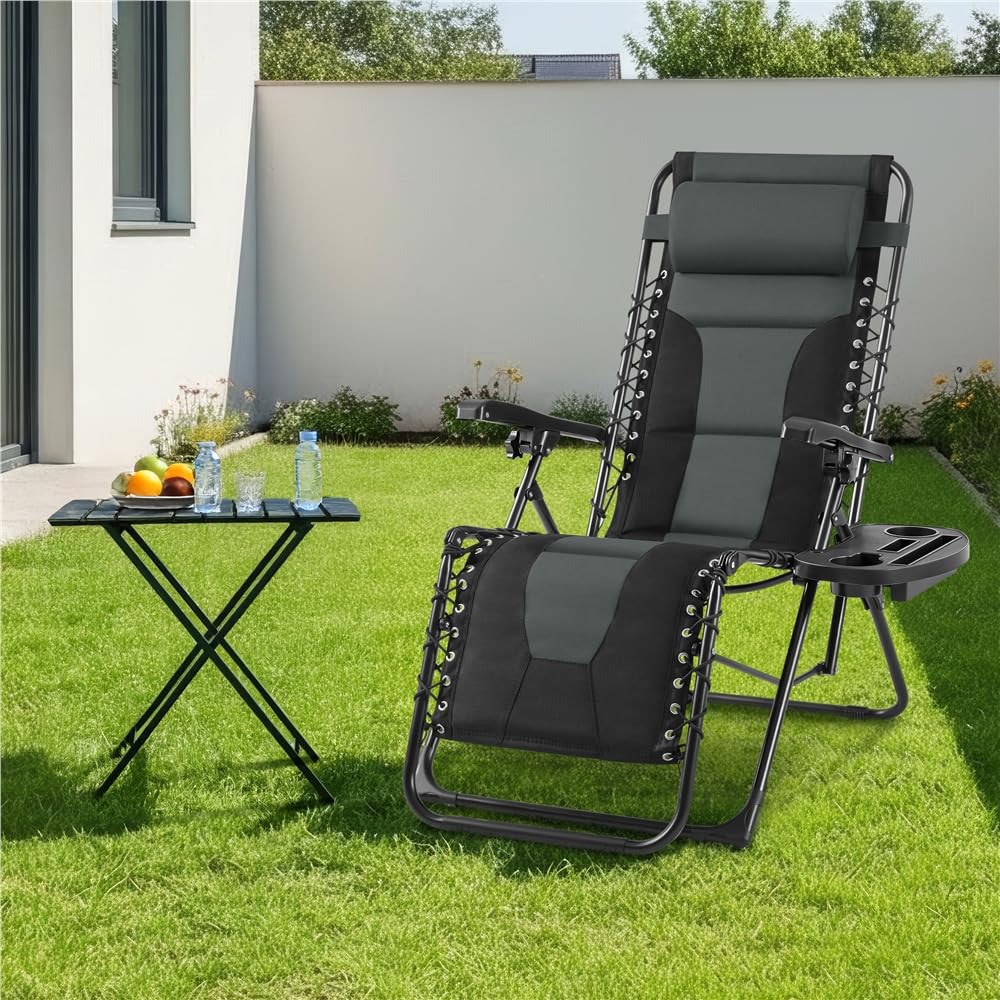 Yaheetech Tumbonas Jardin Exterior Silla Reclinables de Cero Acolchada Tumbona Plegable Tumbona Playa para Piscina con Portavasos Negro/Gris Carga Máxima: 114 kg