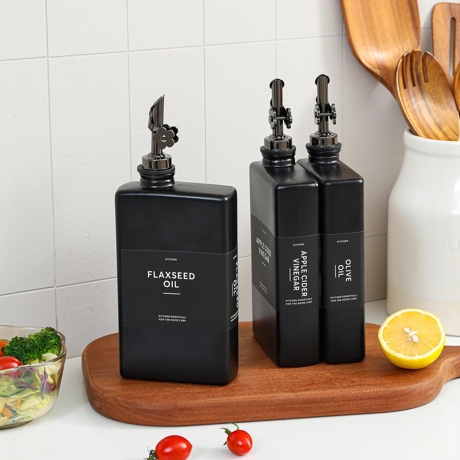 HOMCDALY Olivenölspender für die Küche, 340 ml, Glas-Küchenspenderflasche, schwarzes Öl- und Essig-Menage-Set, auslaufsicher, Olivenöl zum Kochen, 2 Stück (340 ml, Schwarz)