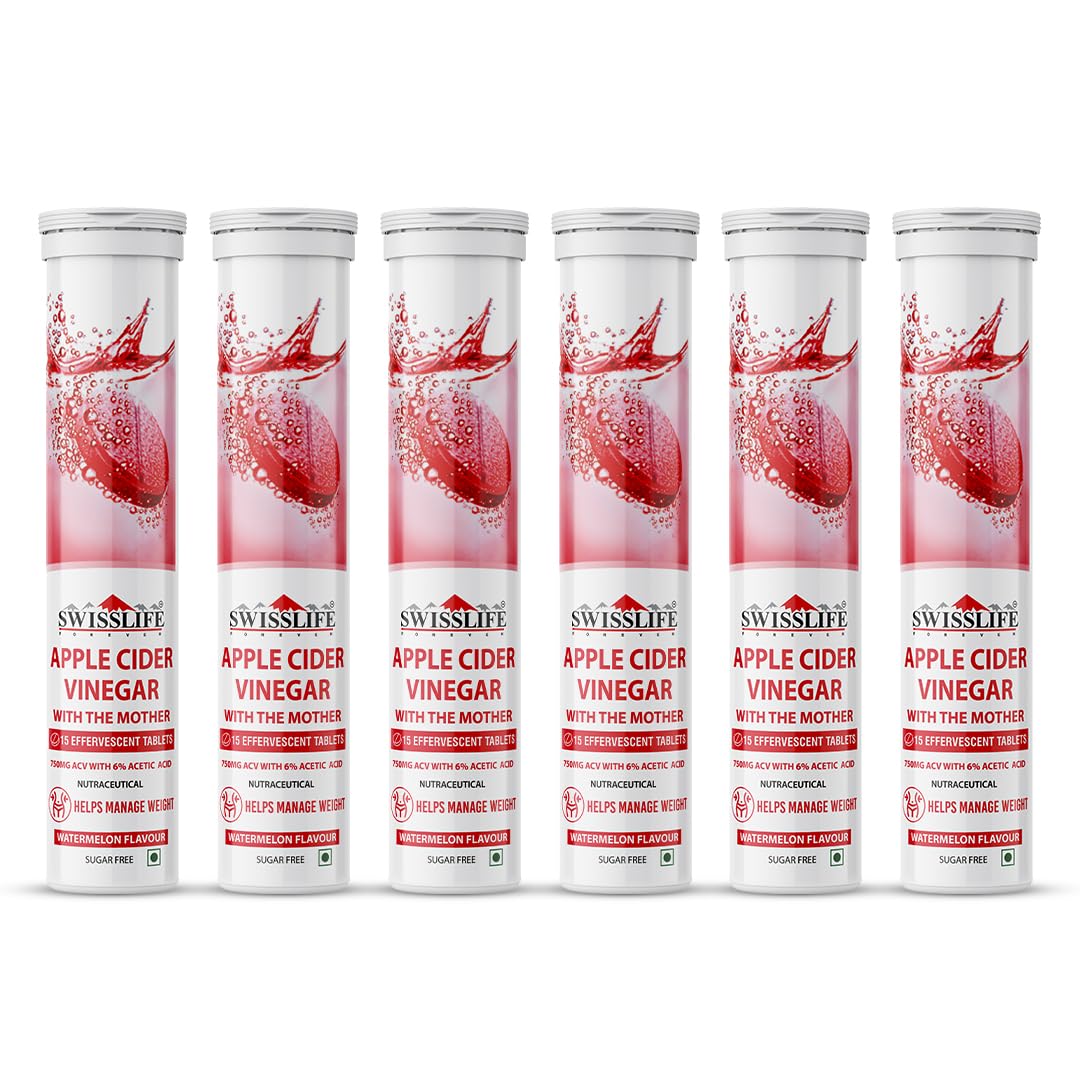 Swisslife Forever Apple Cider Vinegar 750 mg Effervescent Tablets | with Vit.B6, Vit.B12 | Helps with weight management, Supports digestion, No added Sugar | Watermelon flavour (15 Tablets, Pack of 6)