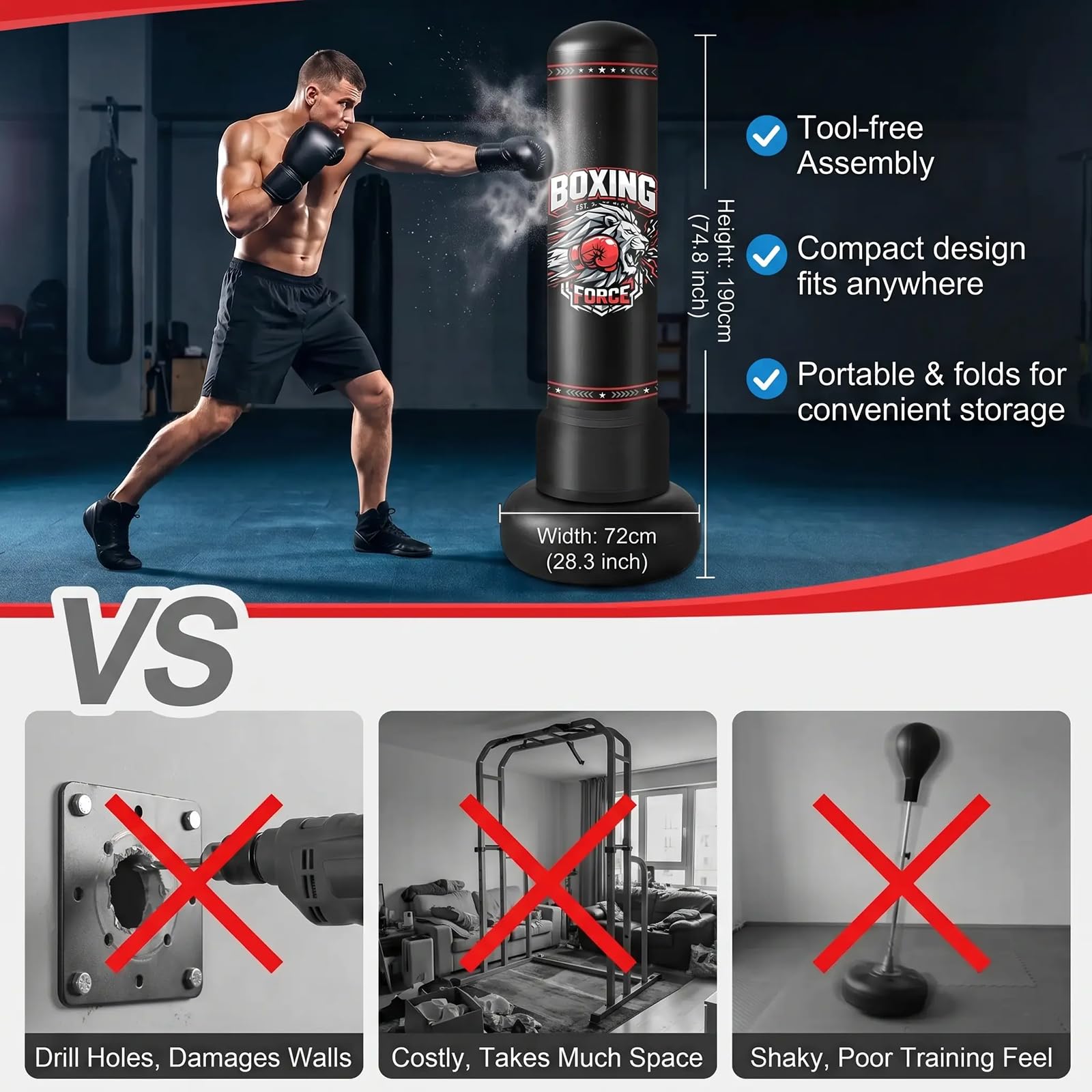 Qoosea Sacco da Boxe da Terra 190cm, Stabile Sacco da Boxe per Adulti Pungiball con Guantoni e Pompa, Sacchi da Box Gonfiabile per Pratica di TaekwondoKarate MMA Fitness