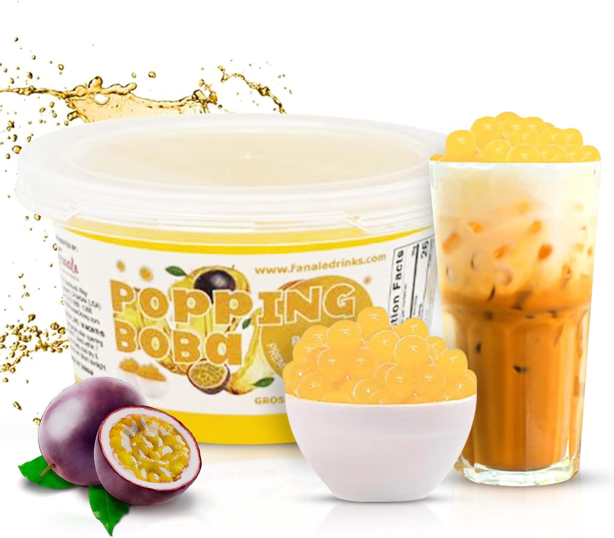 Fanale Passion Fruit Popping Boba Pearls, Vegan, Non GMO, Gluten Free, Fat Free, Perfect for Bubble Tea, Smoothies, Ice Cream, Desserts, and Beverages.