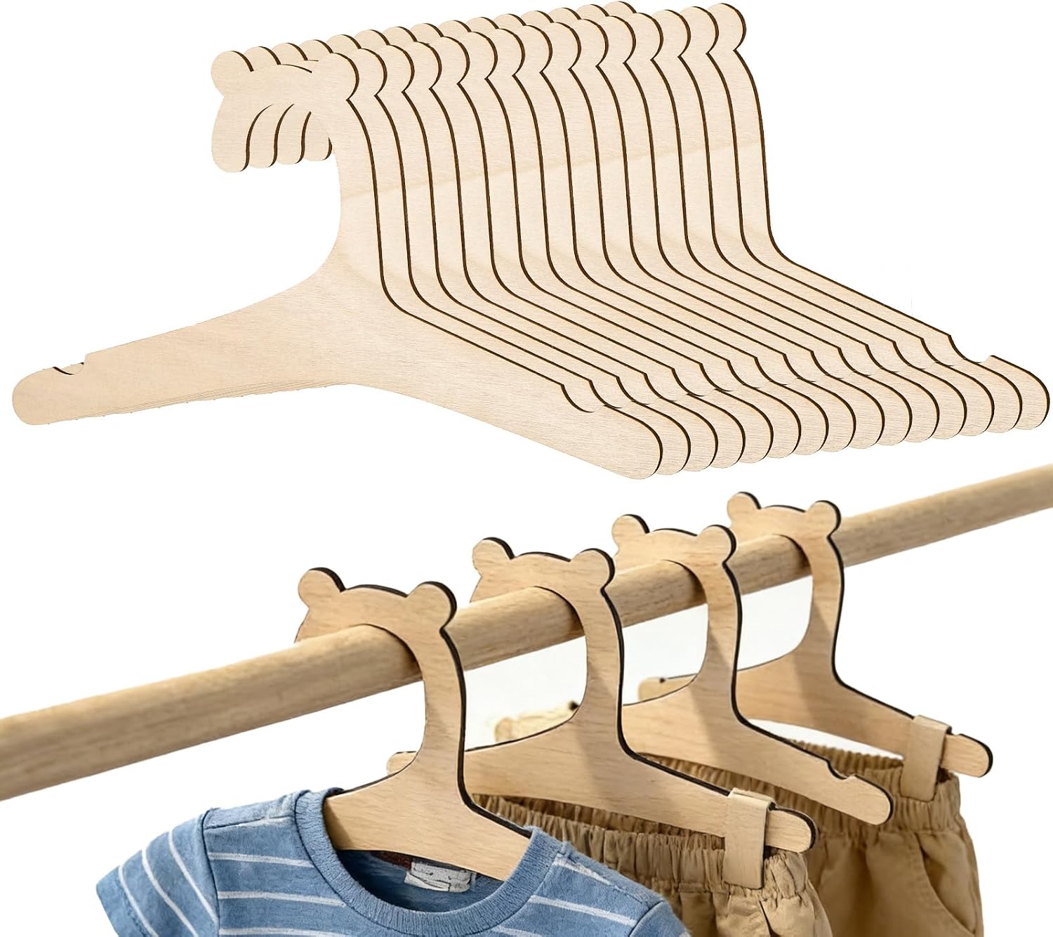 15Pcs Wooden Baby Hangers, Cute Baby Hangers, Babys Shower Decorations Boy Bear Ears Babies Coat Hanger, Closet Organizer Newborn Hanger for Coats Pants Suits Jackets Clothes