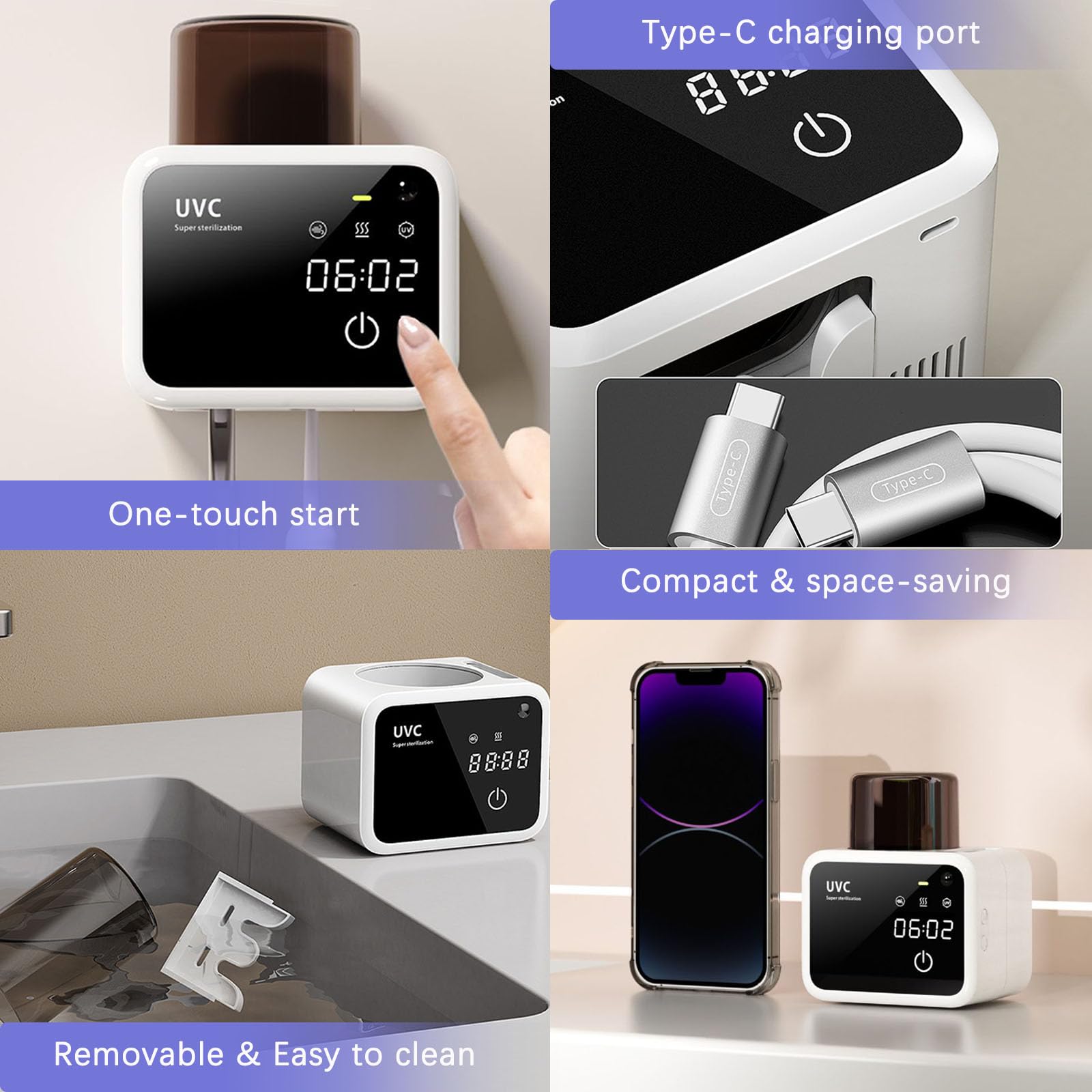Soporte para cepillos de dientes para baños, soportes para cepillos de dientes eléctricos con secado y limpieza inteligentes, soporte para cepillo de dientes montado en la pared con carga solar,