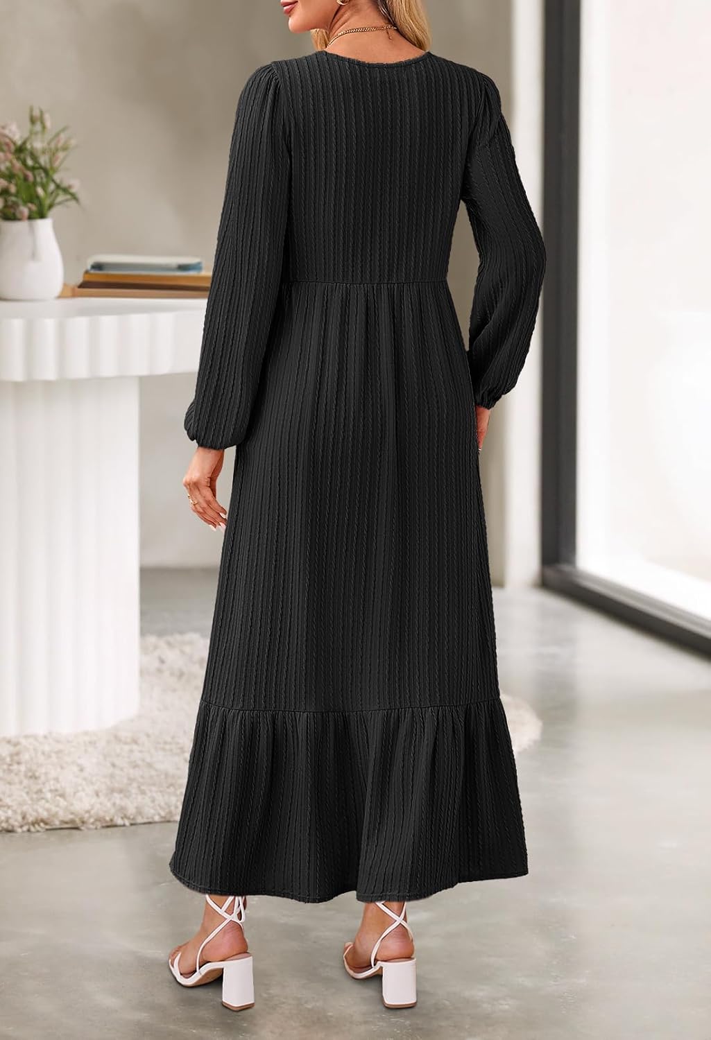 MEROKEETY Women's Fall Long Sleeve Maxi Dresses 2025 Casual Knit Crew Neck Tiered Flowy Pockets Dress - Image 4