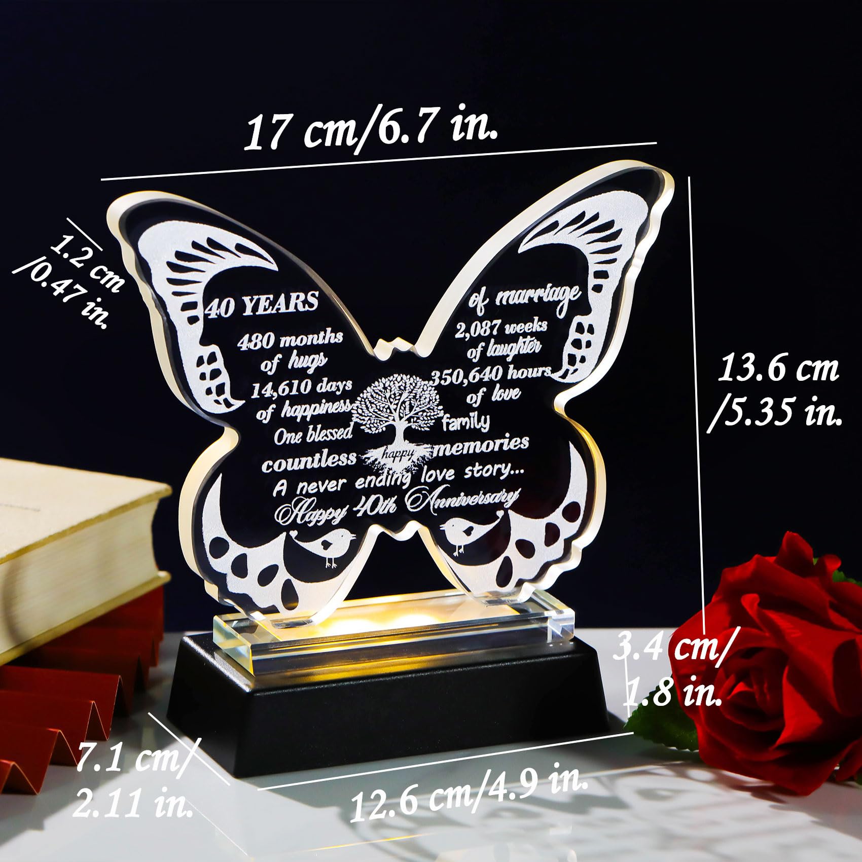 13.6cm Glass Happy 40th Wedding Anniversary Crystal Butterfly Gifts for Parents 40 Years of Love Anniversary Keepsake with LED Base Presents for Wife Friends Women Men - Image 3