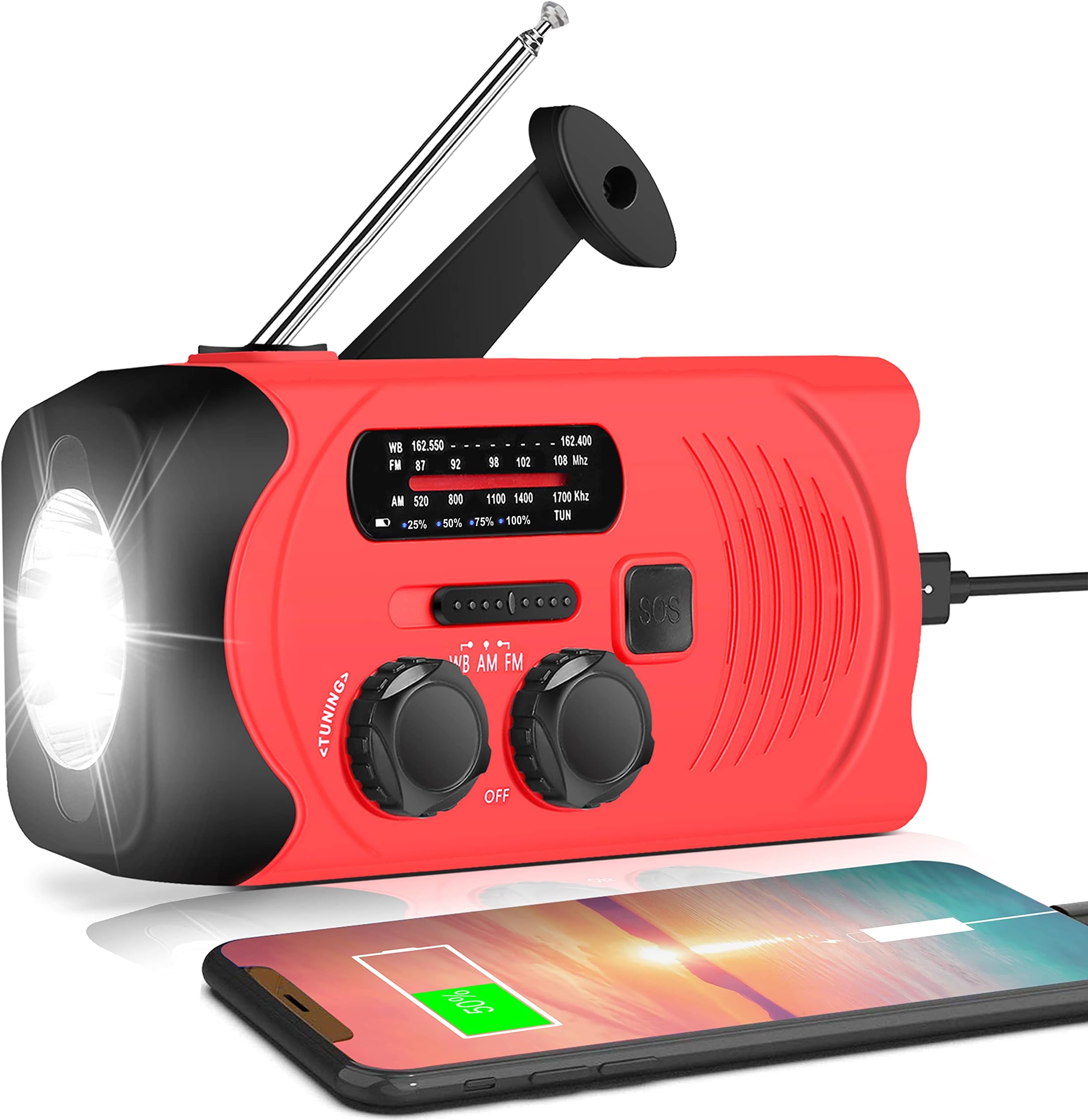 Emergency Crank Radio with 2000mAh Emergency Power Bank, AM/FM NOAA Solar Powered Crank Wind Up Radio with SOS Alarm, Bright Flashlight, Emergency Power Bank for Cellphone, Used for Outdoor&Emergency