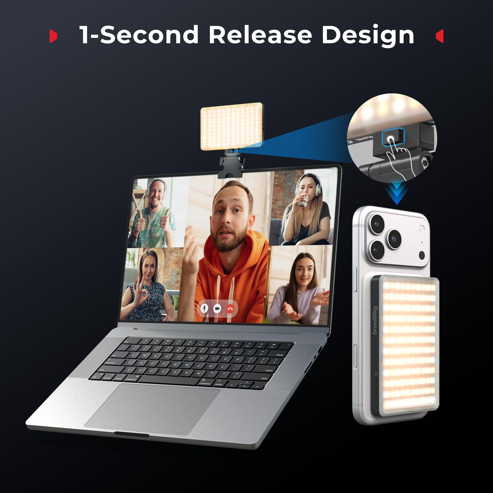 SMALLRIG M3 Luce LED Video Magnetica per Selfie con Clip, 120 LED 2000mAh Ricaricabile CRI90+, 2700K-6500K, Illuminazione di Riempimento Portatile con Clip per iPhone, iPad, Fotocamera/Laptop - 5505