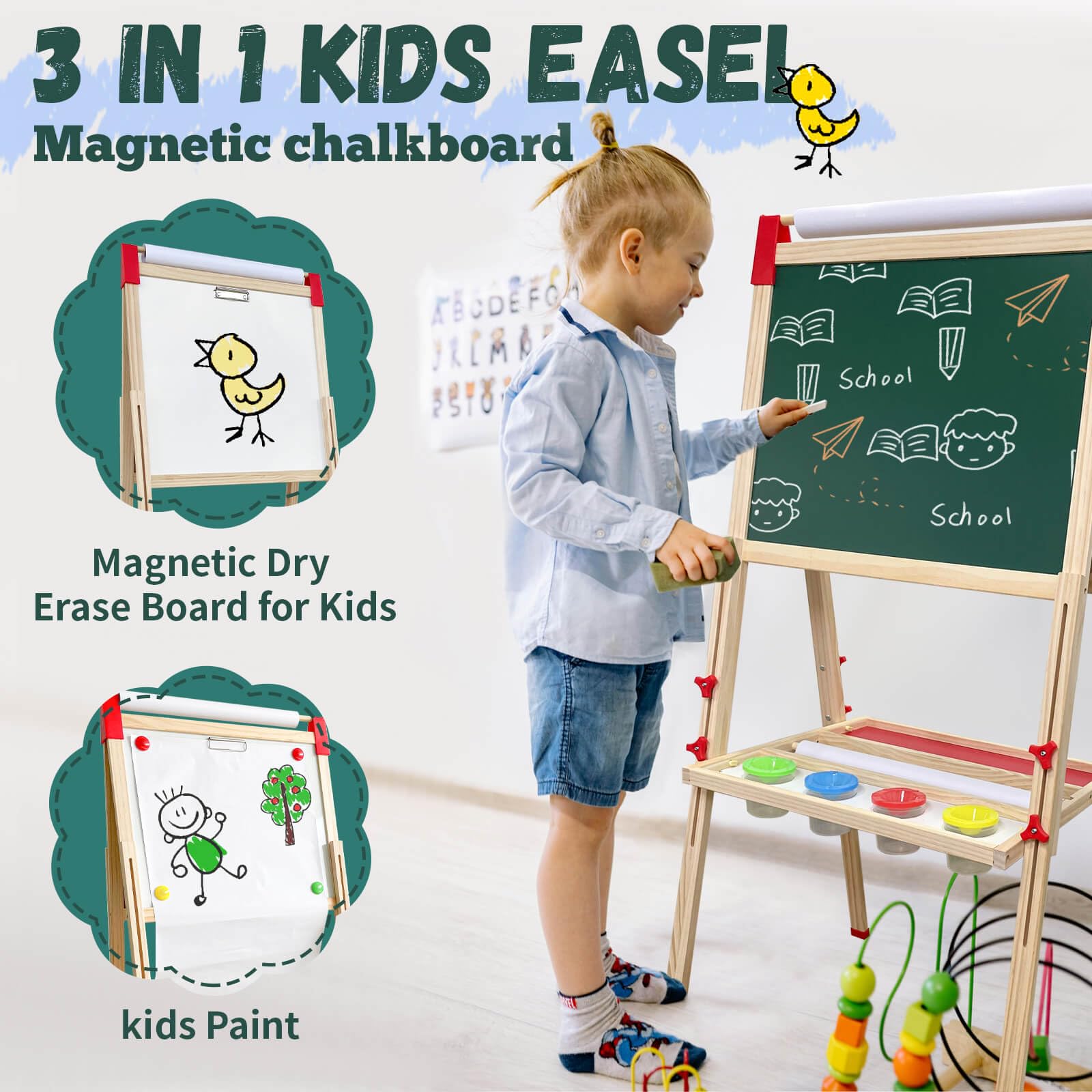 Caballete para niños, caballete de arte de madera ajustable para niños, más de 114 suministros de arte, pizarra magnética de doble cara y pizarra blanca para niños, dibujo y pintura para niños de 2 a 2