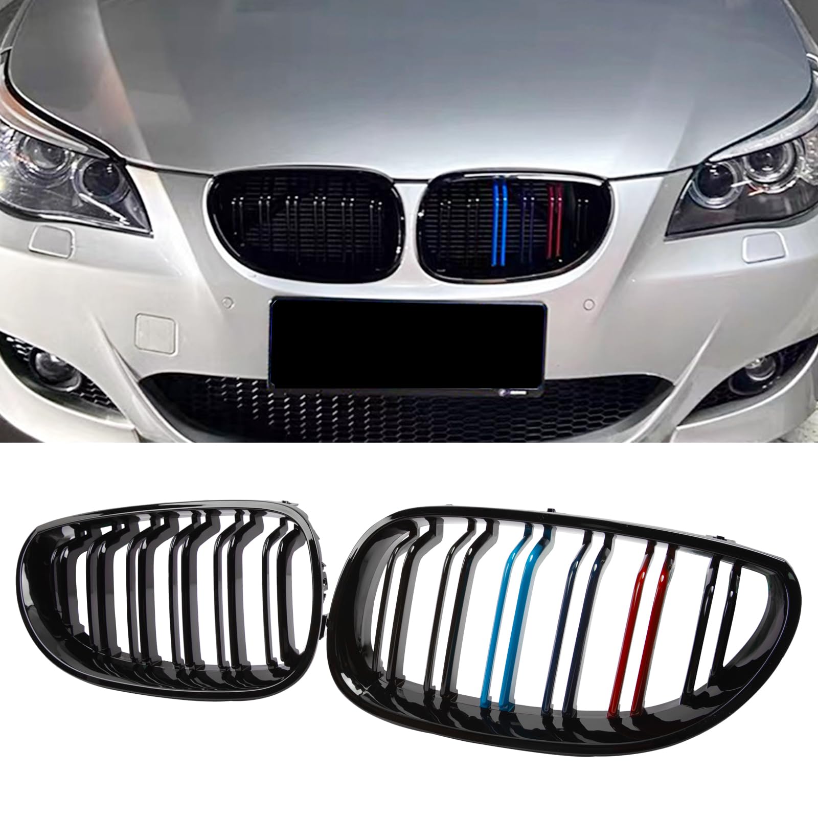 DEKEWEI E60 Grill,Double Slats M Color Grille Compatible with BMW 2004-2009 5 Series E60 E61 M5 520i 523i 525i 528i 530i 535i 550i ABS Kidney Grill M Color Double Slats E60(2004-2009)