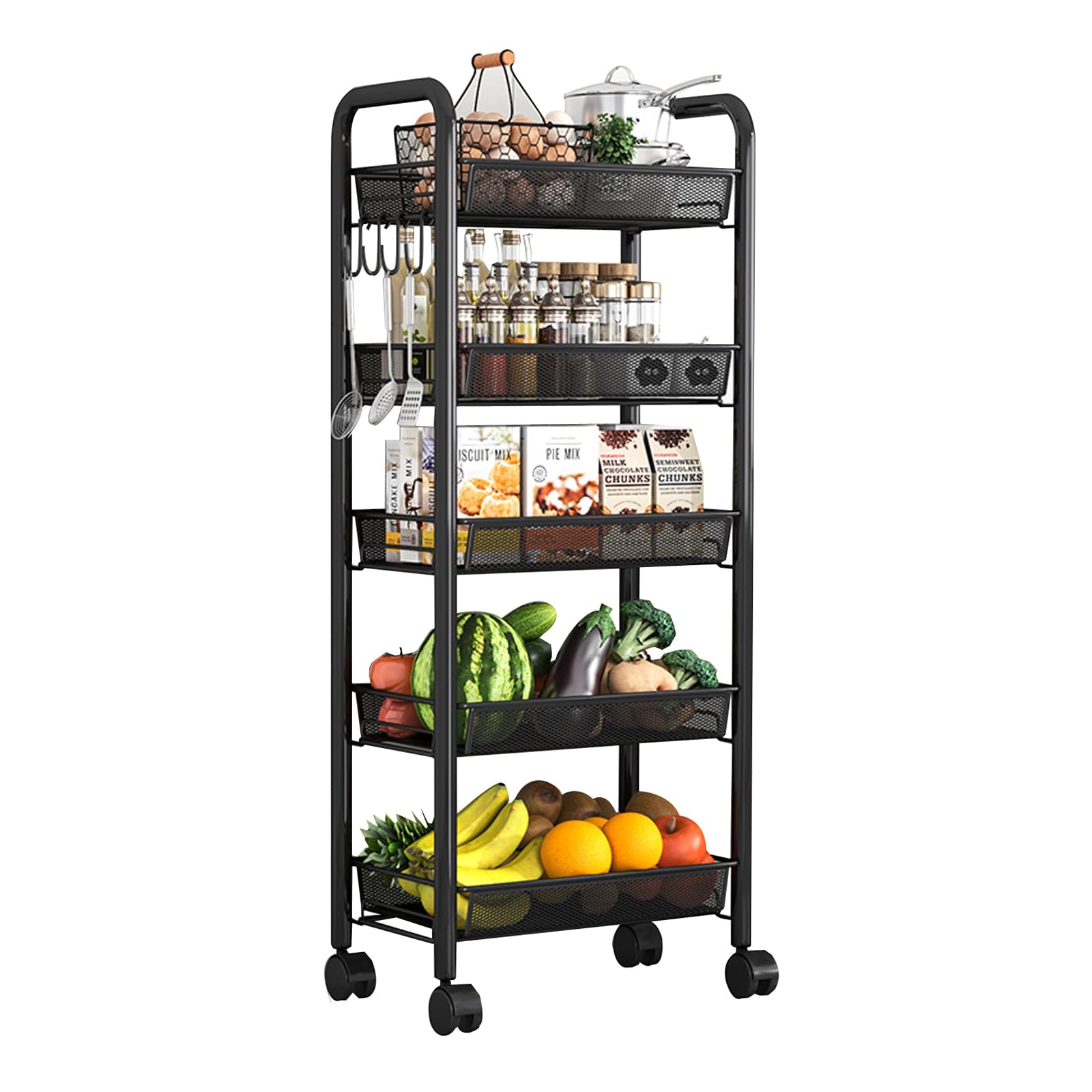 Scaffale a 5 ripiani per verdure su ruote, con unità portaoggetti da cucina per una conservazione efficiente
