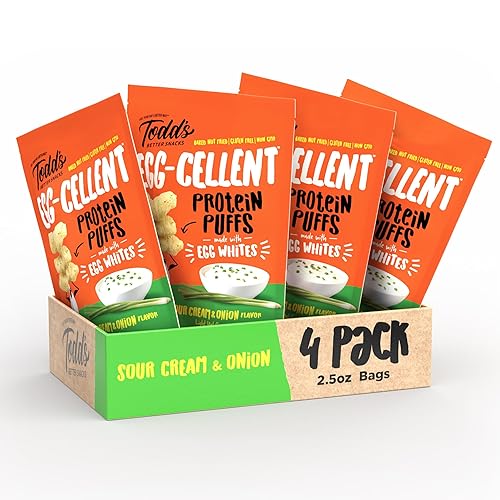 Todd's Better Snacks Egg-Cellent Protein Puffs, crema agria y cebolla  0.44 oz de proteína, sin gluten, apto para paleo, horneado, sin maní,