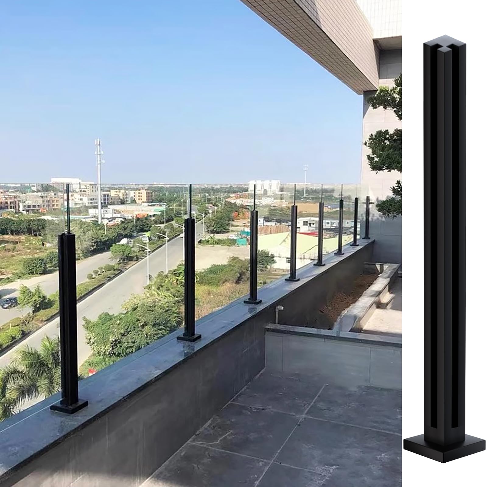 Glass Balustrade Post Black - 25.6in/65cm Topless Glass Deck Railing System with Spigots Slots for Deck, Steps, Balcony, Pool, Garden, Patio Stairs - Stainless Steel Square