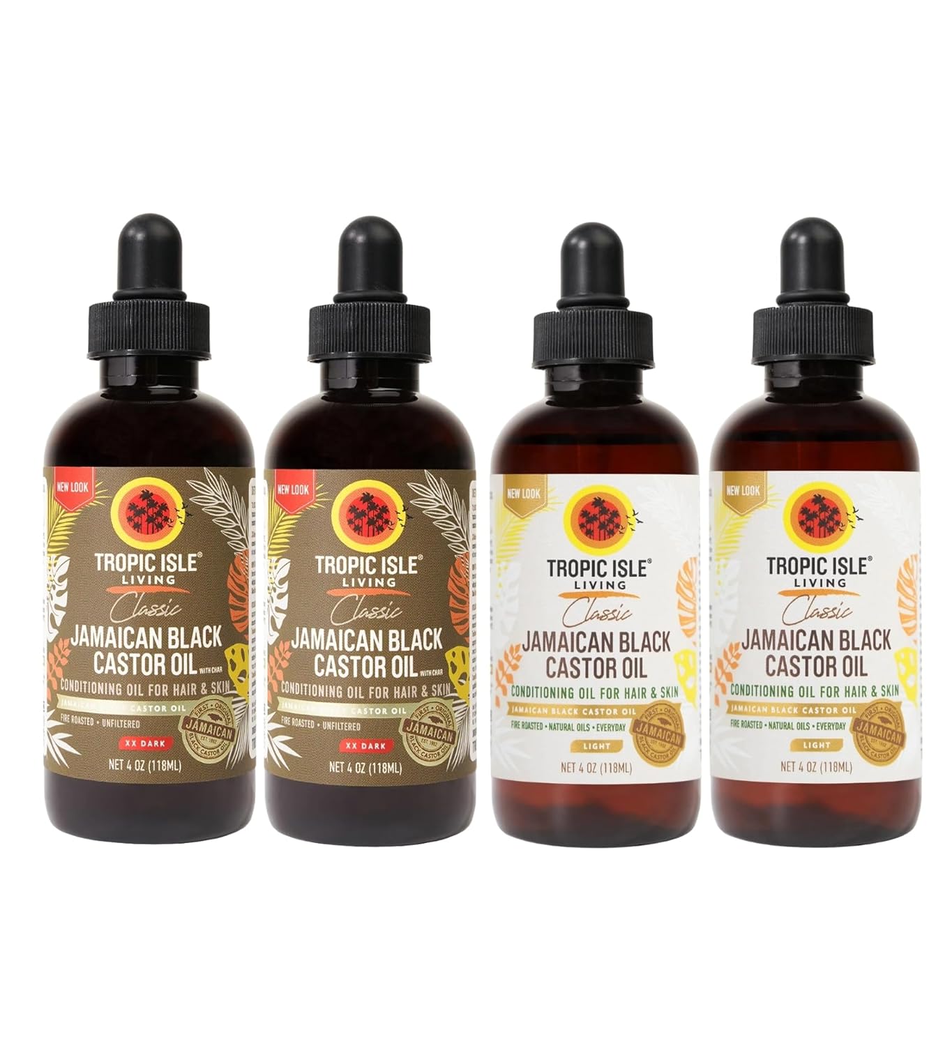 Tropic Isle Living Black Jamaican Castor Oil – 2x JamaicanBlack CastorOil XX Dark 4oz Bundle with 2x Jamaican Black Castor Oil Light Blend 4oz – Moisturizing, Hair & Skin Care – Gift Set (4 Items)