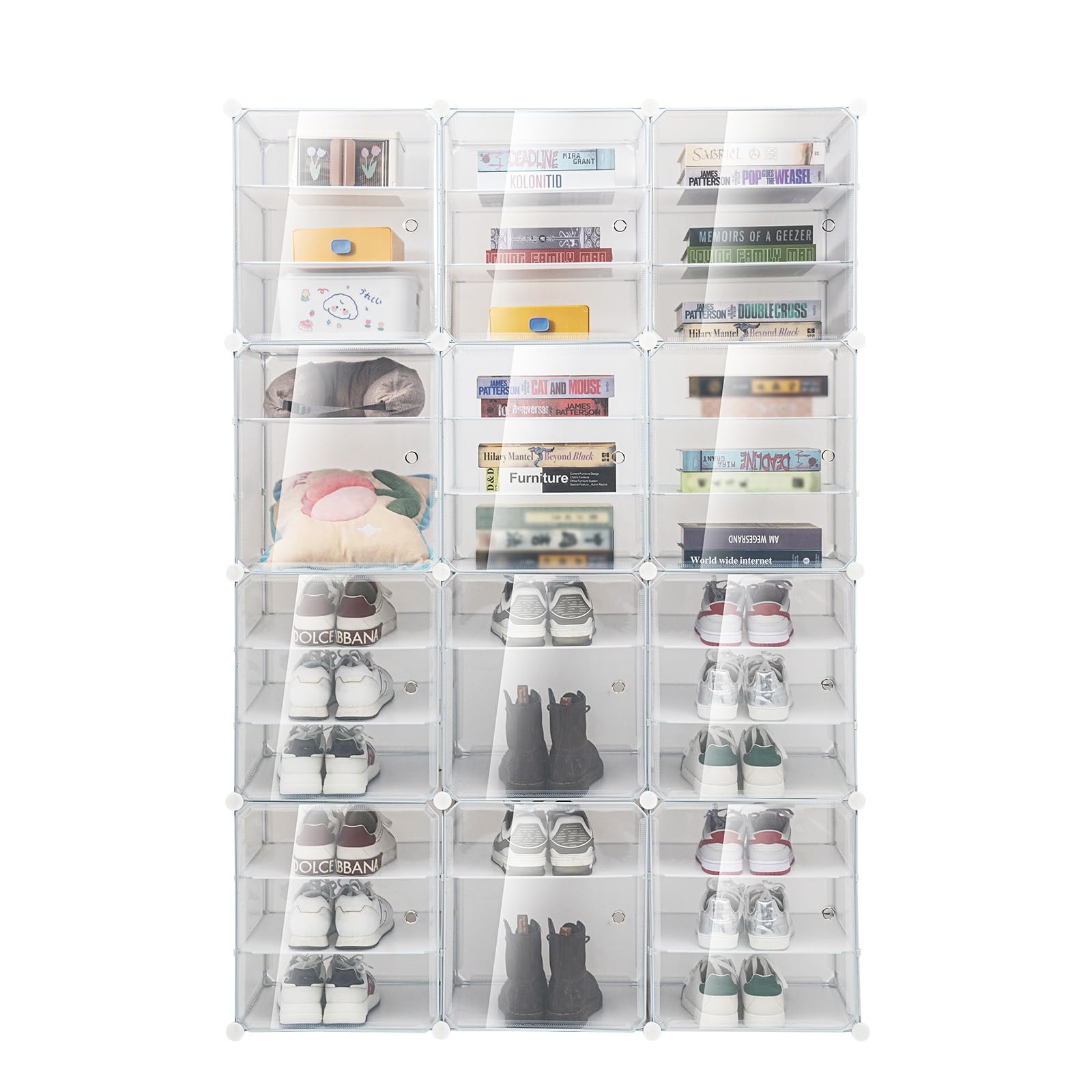 TENNIX 72 Pairs Foldable Shoes Box, 12 Tiers Clear Plastic Stackable Shoe Organizer for Closet and Entryway, Space Saving Shoe Box Sneaker Holder Container Shoe Stackable Closet