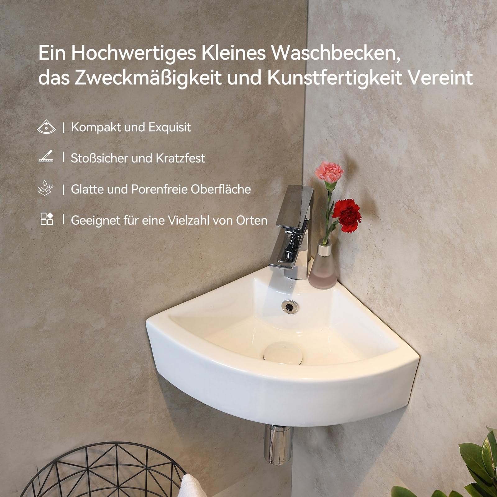 Teal Home Lavabo Esquinero de Cerámica para Baño - Mini Lavabo de Pared para Invitados, 46 x 32 x 12,5 cm, Con Rebosadero