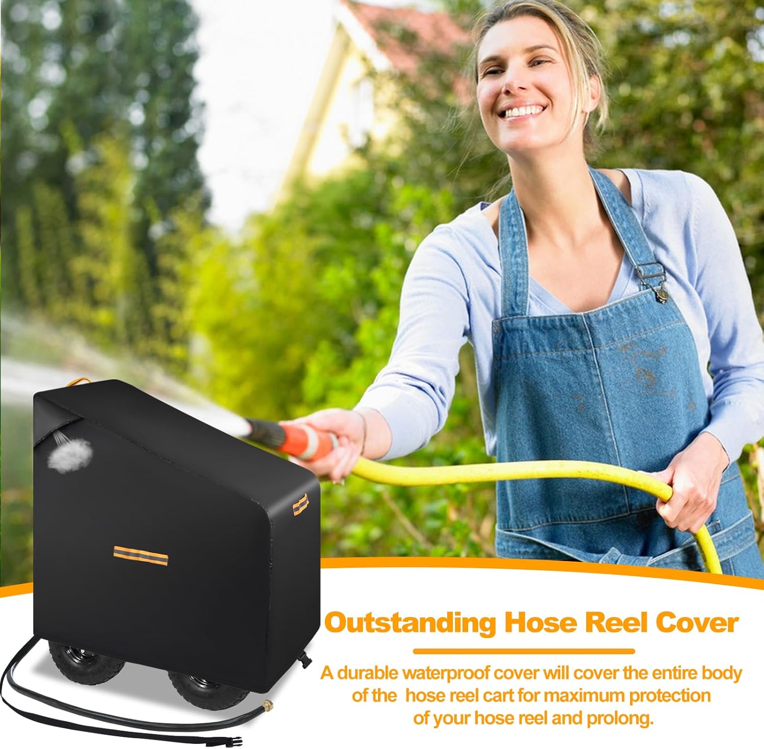 Hose Reel Cart Covers for Outside,Heavy Duty 420D Hosepipes Cover for Garden with Air Vent,Waterproof Strip,2 Reflective Strip Handles,Univeral Protective Hose Holder Cover,All Season Protection