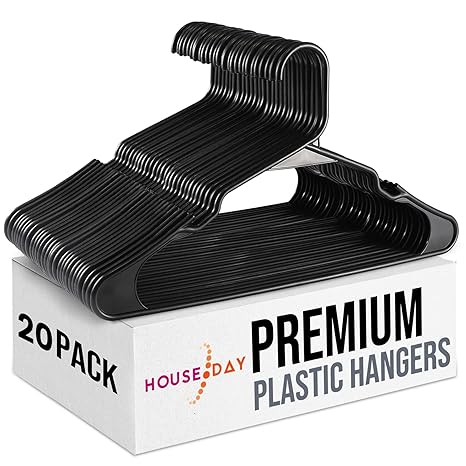 HOUSE DAY Plastic Hangers- 20 Pack-Plastic Clothes Hangers for Skirt Suit Coat, Standard Tubular Plastic Hangers for Clothes (Black)