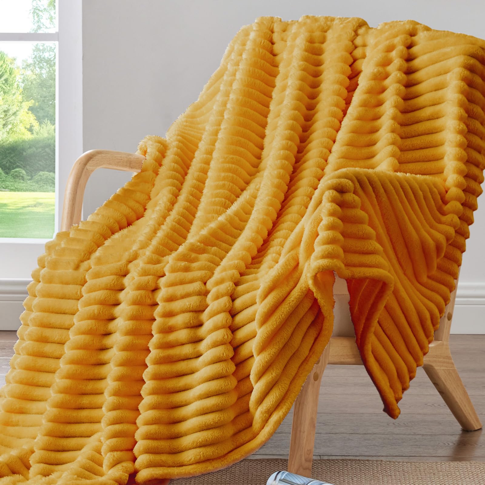 BEDELITE Fleece Throw Blanket for Couch - 300GSM Soft & Warm Fluffy Mustard Yellow Blanket, Decorative and Giftable Striped Blankets for Women, Men, 50"x60"