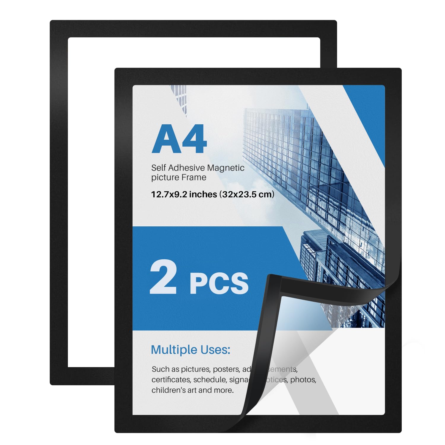 WenYa A4 Magnetic Photo Frames, Black Self Adhesive Certificate Frame, A4 Magnetic Paper Display Frame Set for Pictures, Photos, Ads, Notices, Certificates, Paintings, Posters (2 PCS)