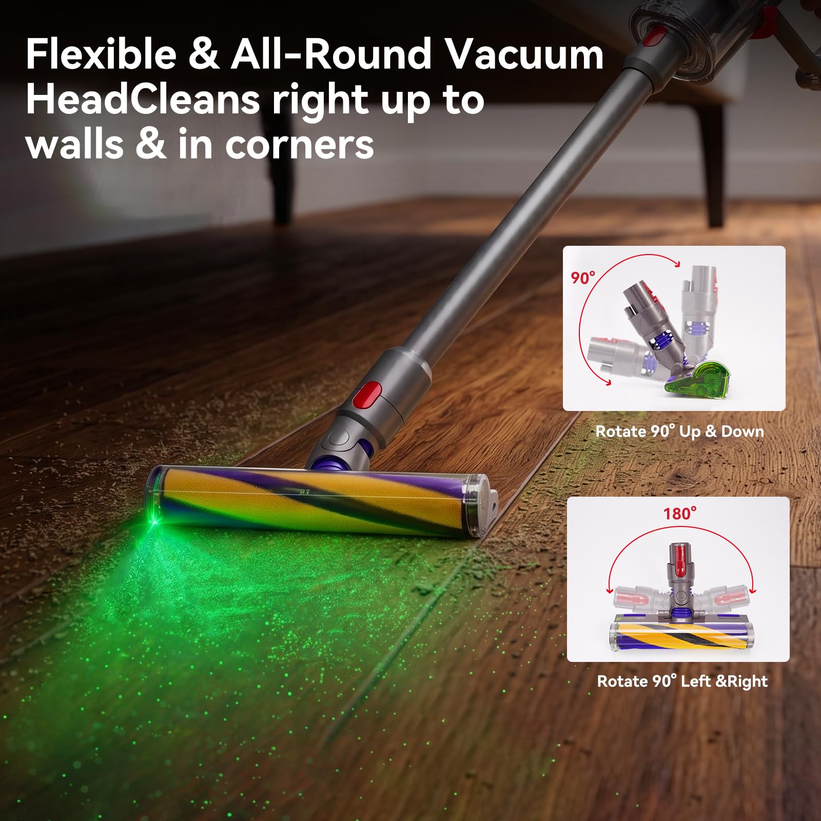 Spazzole per aspirapolvere Dyson V12 Detect Slim e Dyson V10 Digital Slim; queste spazzole dispongono di spazzole morbide e luce LED verde a copertura completa per parquet e moquette.