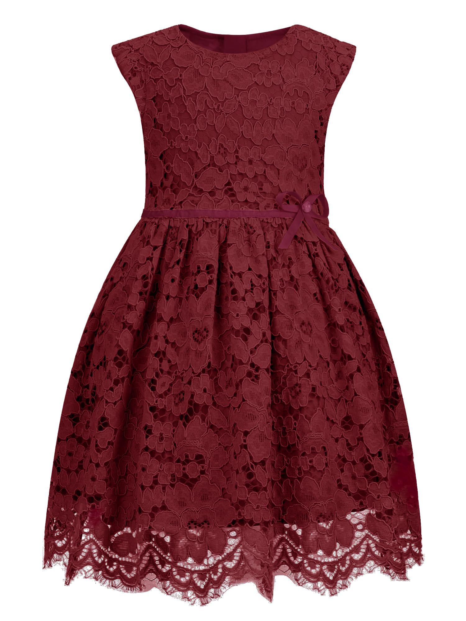 ALLOVIN Mädchen & Kleinkinder Oster Ärmelloses A-Linien Spitzen Party Kleid Geburtstags Blumenmädchen Kleid mit Perlen-Schleife 2-12 Jahre