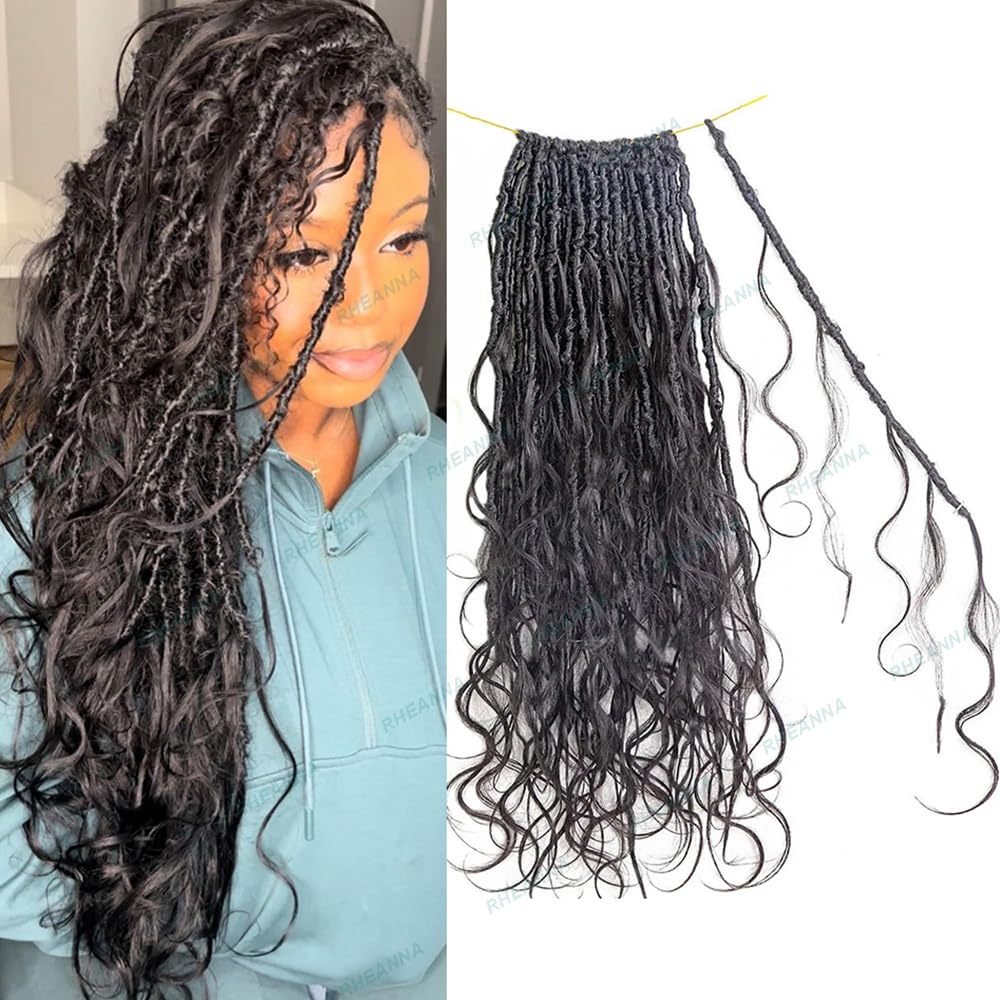 RHEANNA Pre-Looped Crochet Boho Goddess Locs With Human Hair Curls Curly Ends Body Wave Human Hair Goddess Locs Crochet Hair 26inch 24Strands