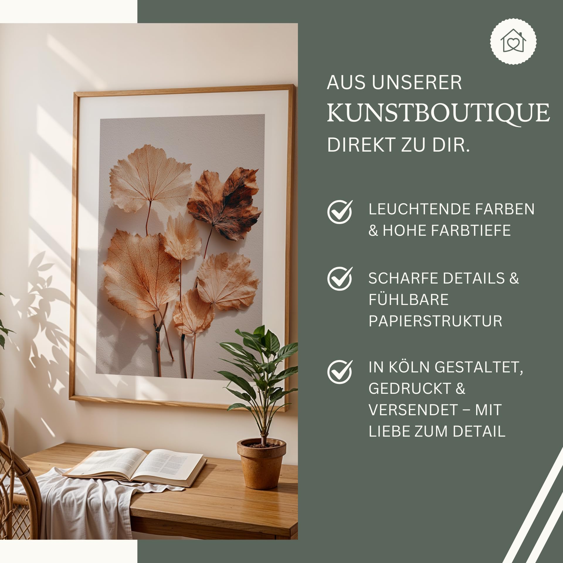 MJ-GRAPHICS® Herbstblätter Poster Wandbild Natur Fine Art Boho Skandi Stil Deko für Flur oder Wohnzimmer – A2 Poster mit Rahmen Holz Natur