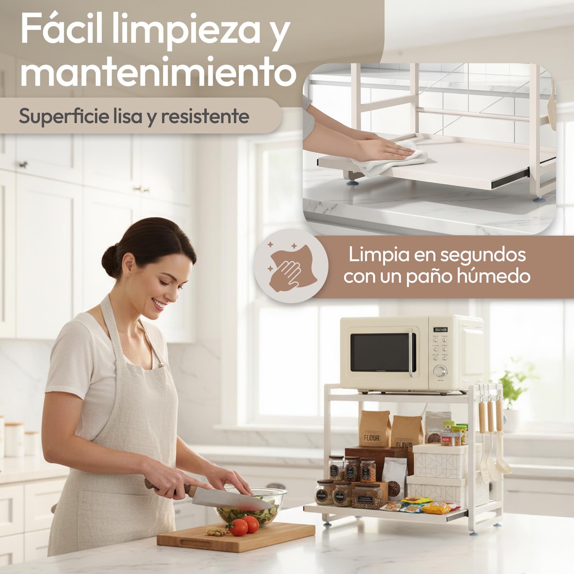 Soporte Ajustable para Microondas Blanco con Bandeja Extraíble, Estante Extensible Antideslizante con Ventosas, Organizador de Cocina Firme, Alta Resistencia y Gran Capacidad de Carga