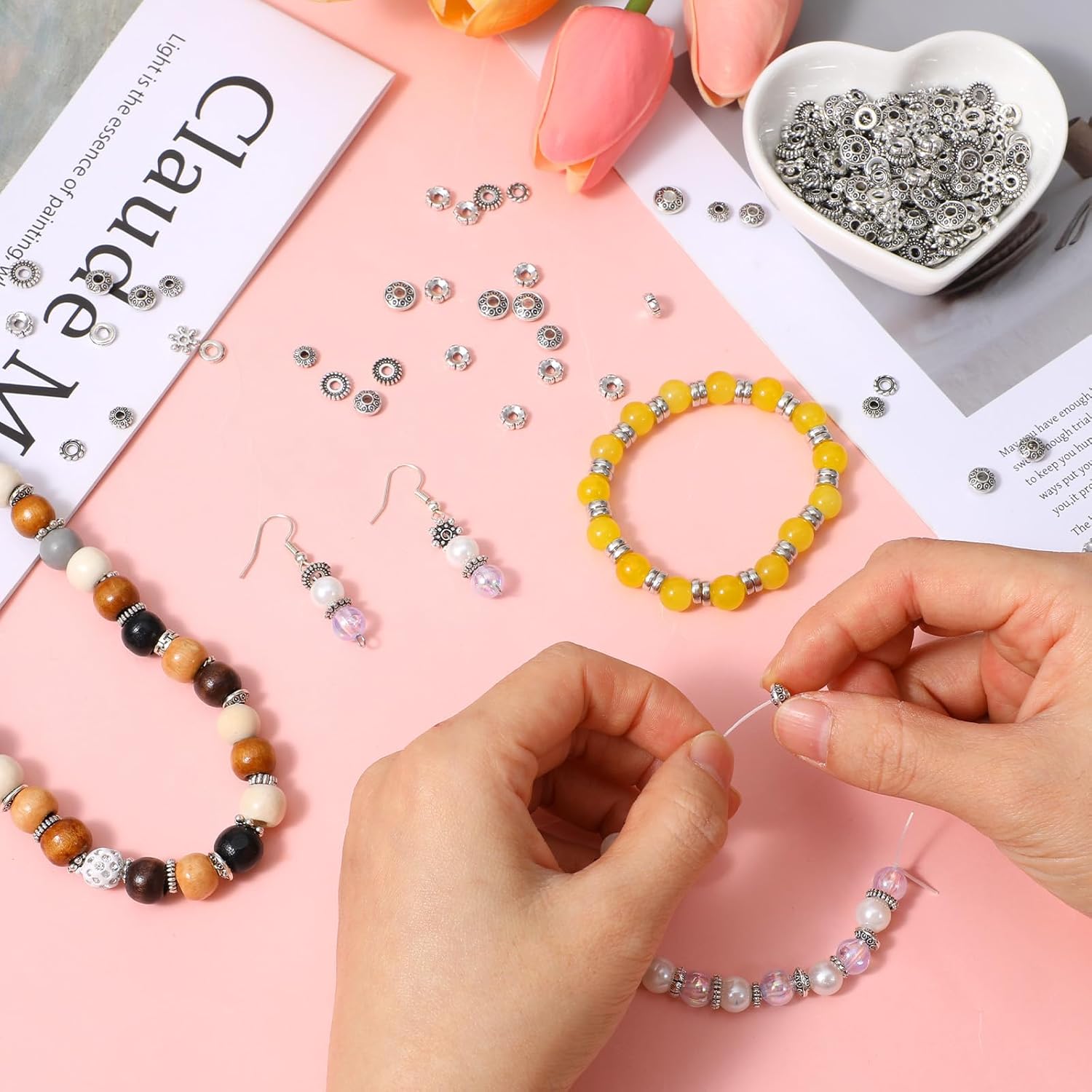 450PCS Silver Spacer Beads for Jewelry Making, Metal Flat Flower Spacer Beads for Bracelets, Necklace, Earring Findings & Supplies - Image 5