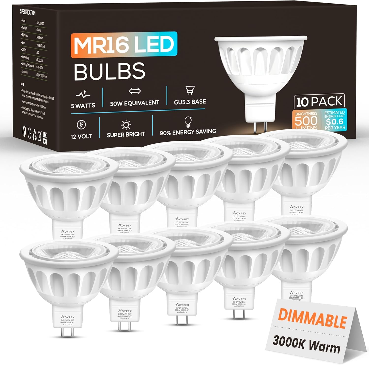 10 Pack Dimmable MR16 LED Bulbs, 12V 5W(50-Watt Equivalent), 3000K Warm White, GU5.3 Bi-Pin Base, 40-Degree, Indoor/Outdoor Landscape Spotlight Track Recessed Lighting