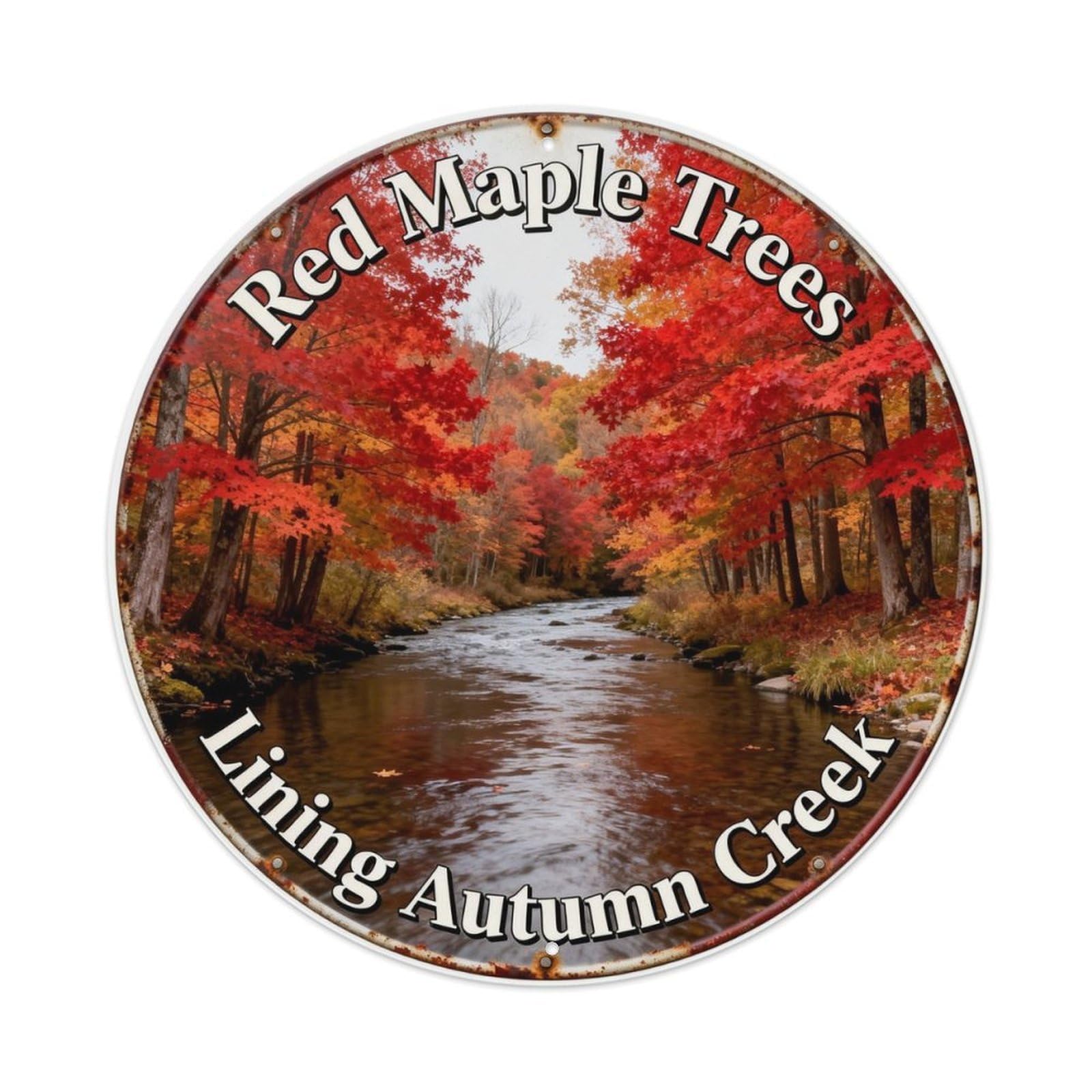 Red Maple Trees Lining Autumn Creek Metal Tin Sign Plaque