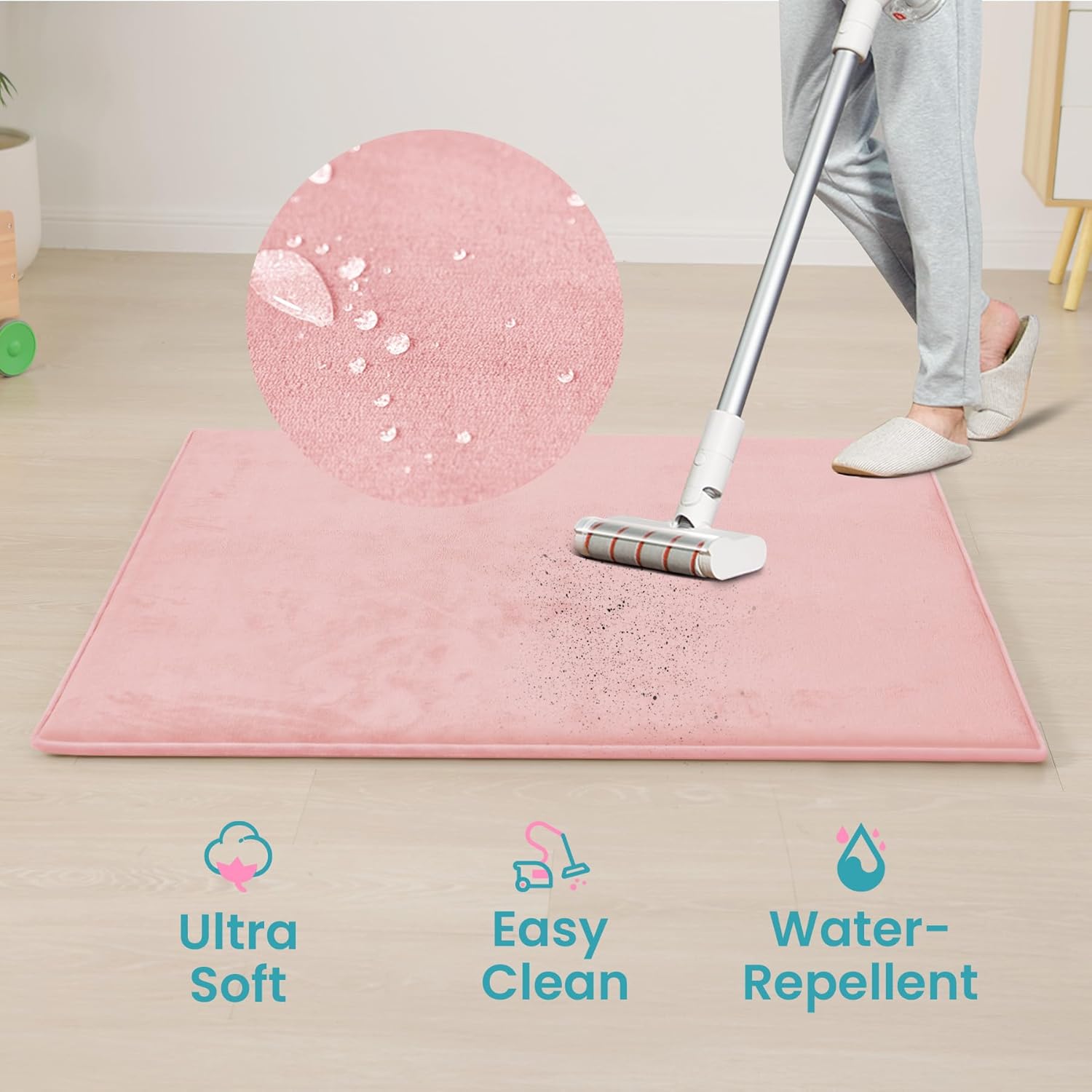 Baby Play Mat for Floor,1.3" Thick Elasti-Foam 50"×74" Playpen Mat for Tummy Time,Water Repellent Soft Coral Velvet for Toddler,Infant,Kids,Non-Slip Backing Safe for Crawling(Pink)
