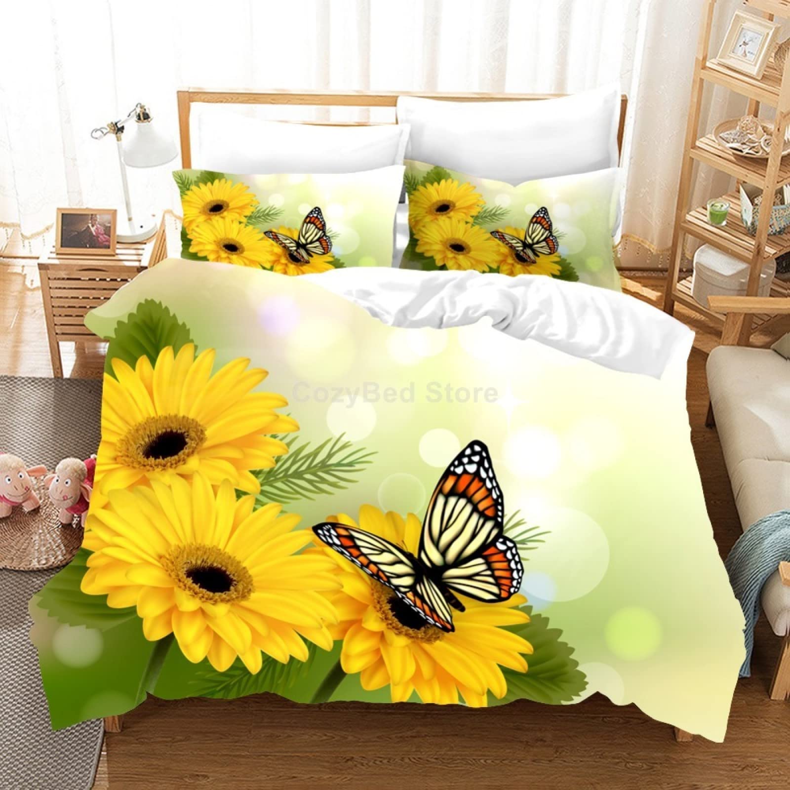 Housse de couette 140x200 papillon jaune microfibre avec taies d'oreiller lit enfant ado