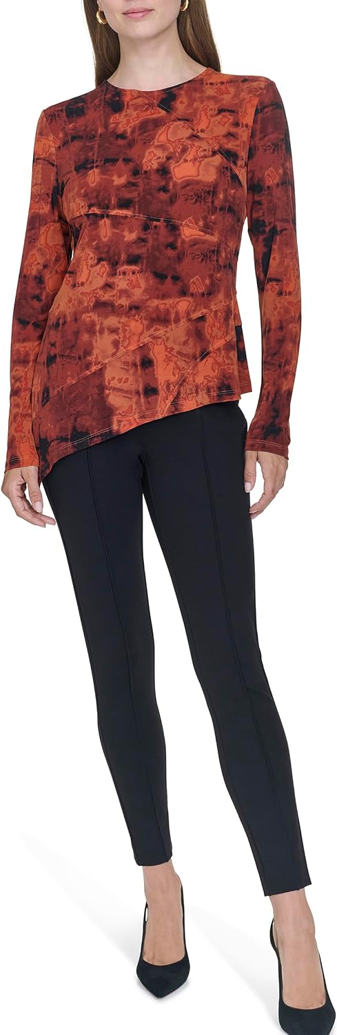 Halston Women's Aysmetrical Hem Seemed Long Sleeve Printed Jersey Knit